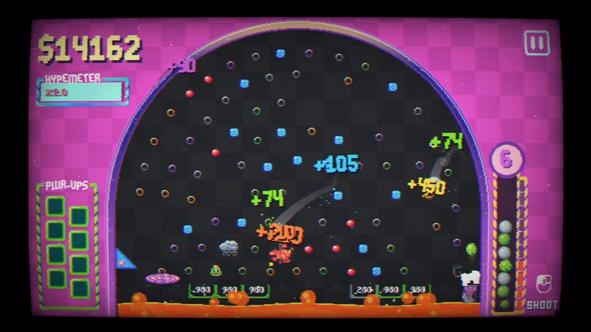 Pegfinity: Ball ricochets through peg board with score popups, power-ups panel and shoot meter UI.