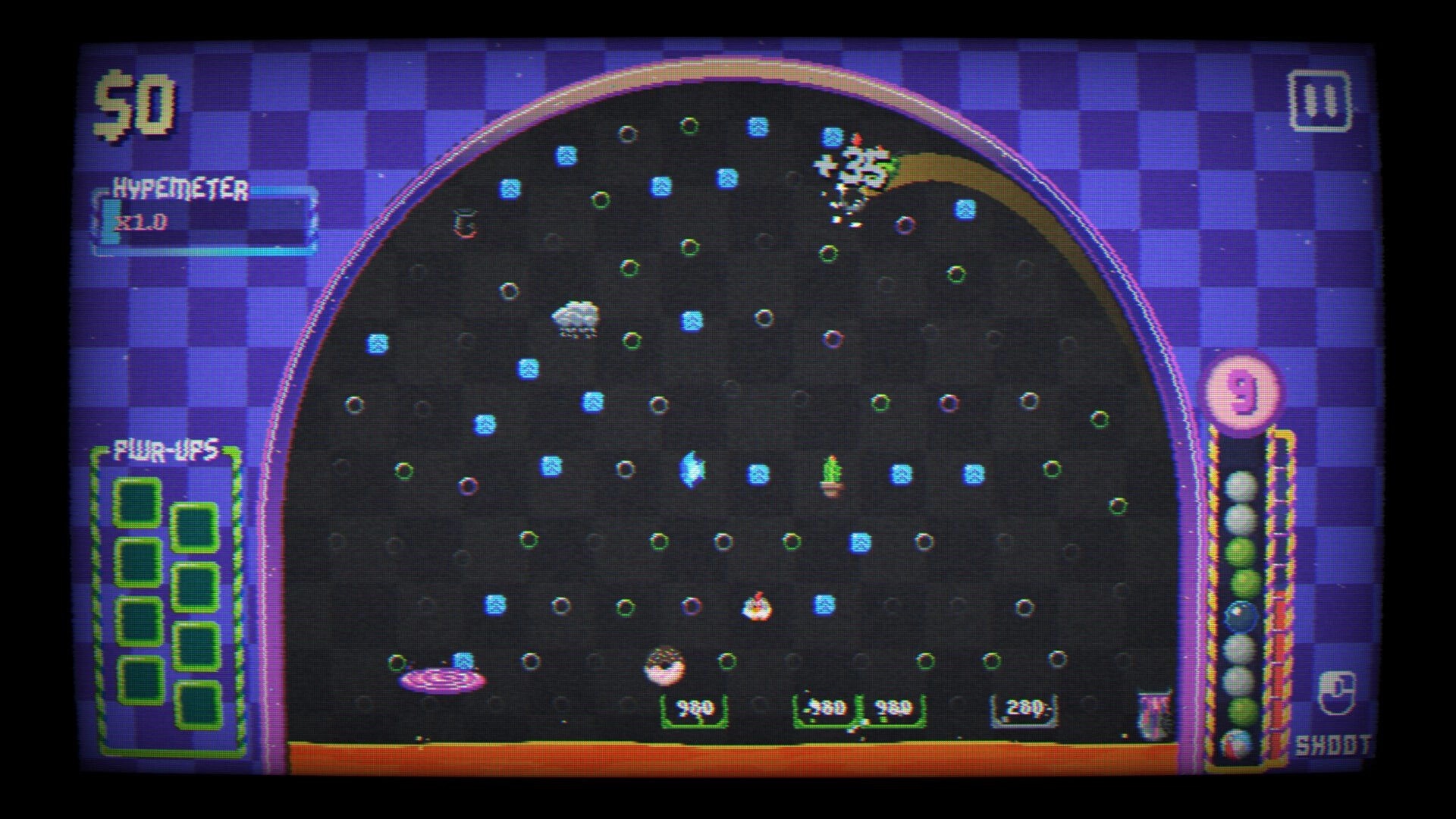 Pegfinity: Pegboard arena with glowing pegs, score and hypermeter UI, and ball queue on right side.