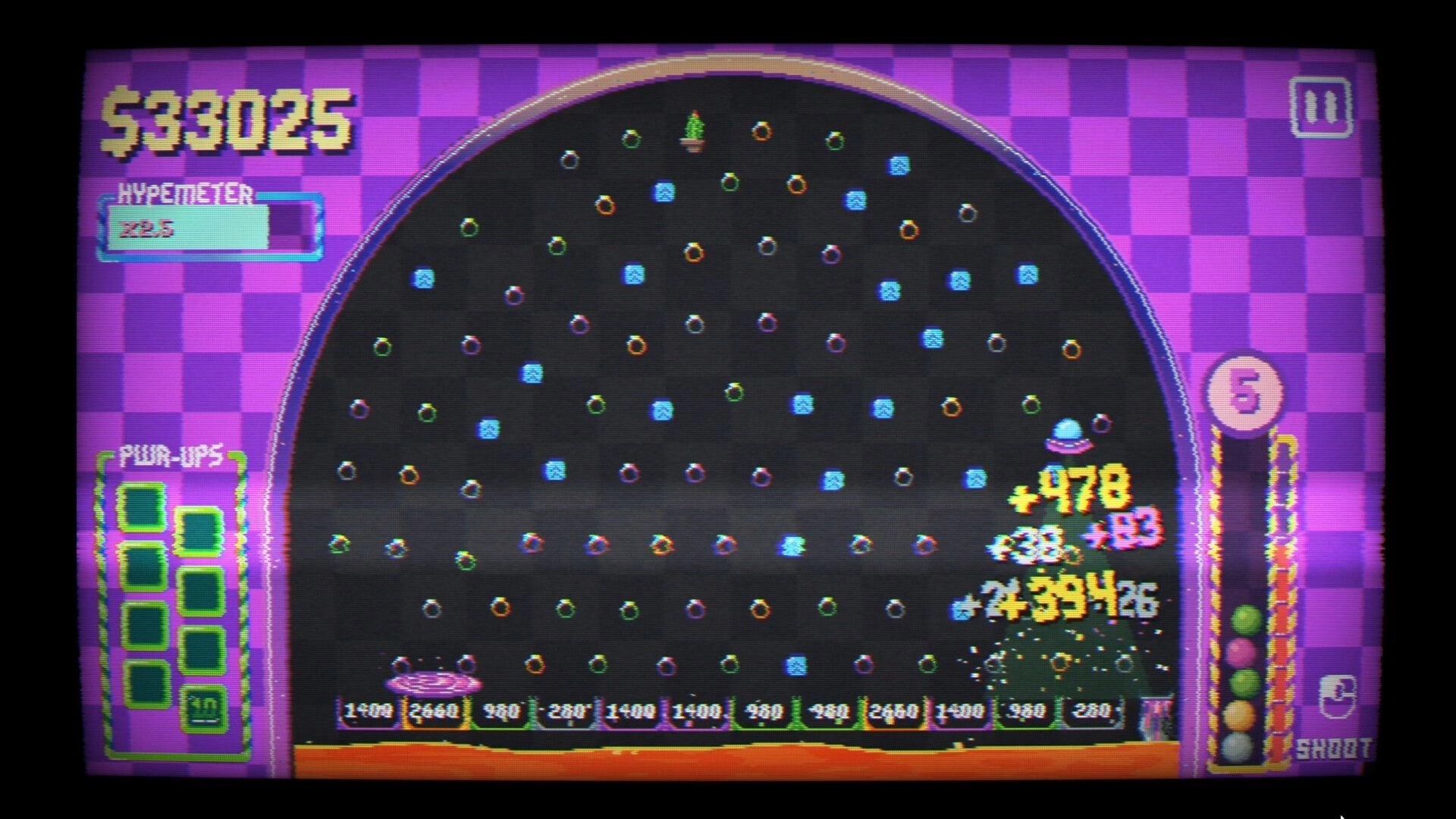 Pegfinity: Ball bounces through peg board, score popups and power-ups UI on purple checker backdrop.