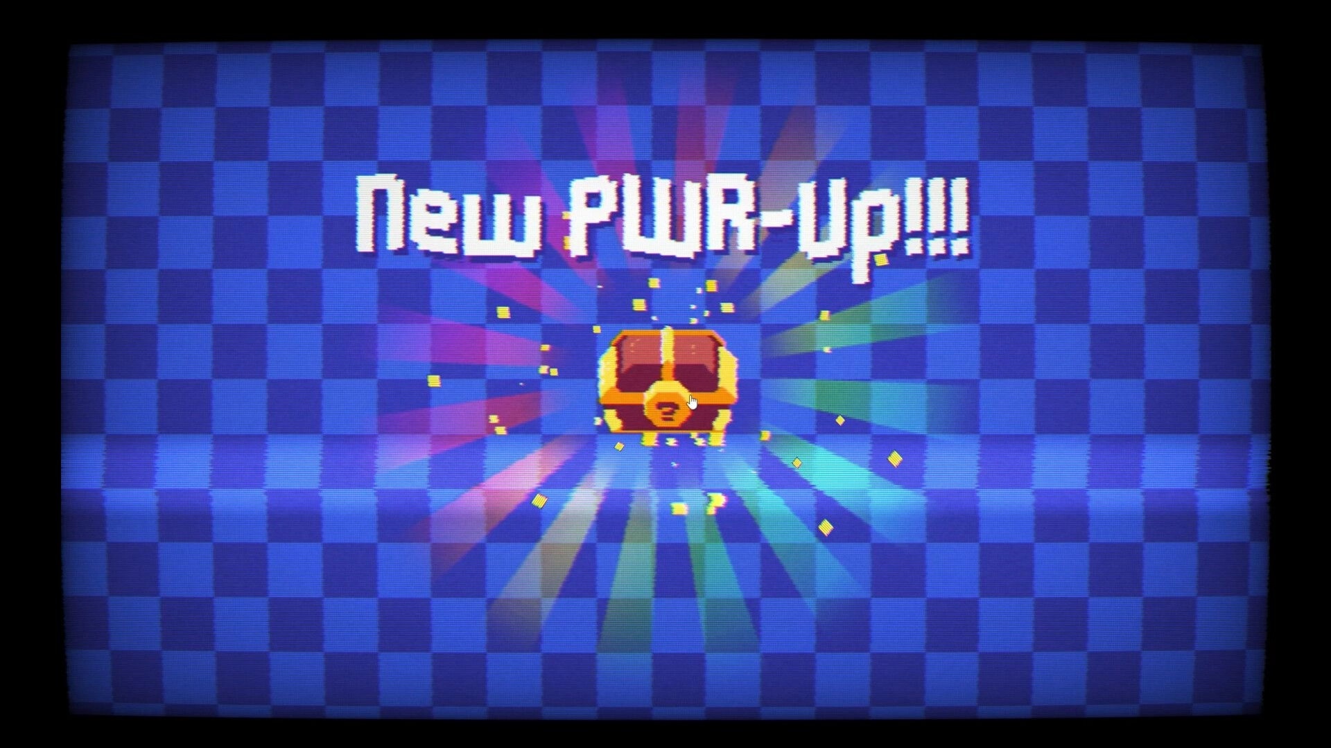 Pegfinity: New PWR-Up!!! pop-up with a treasure chest and confetti on a blue checkered backdrop.
