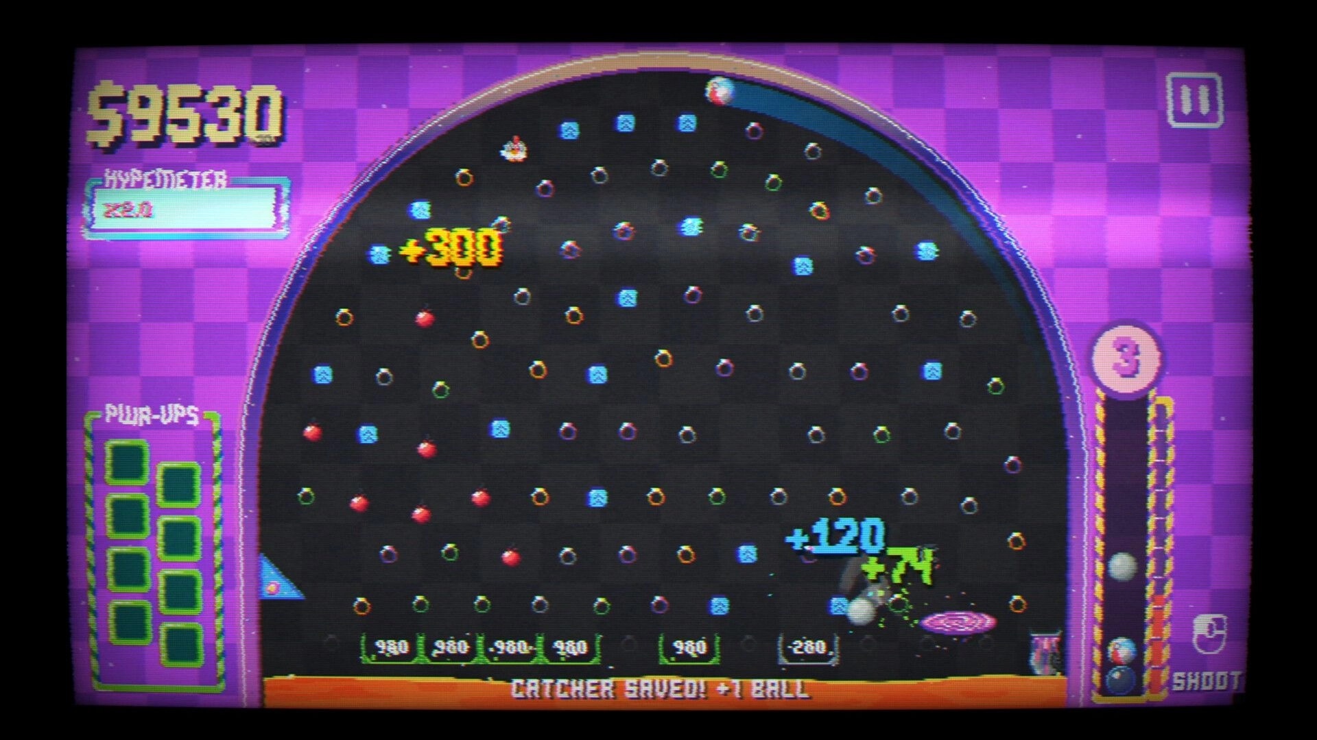 Pegfinity: Ball bounces through peg board with score popups, power-up slots, and shot meter UI.