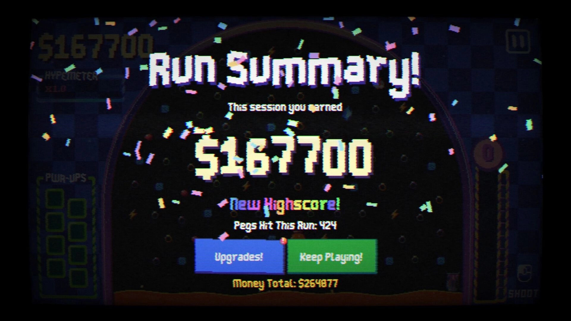 Pegfinity: Run Summary screen with $167700 new highscore, confetti, and Upgrades/Keep Playing buttons.
