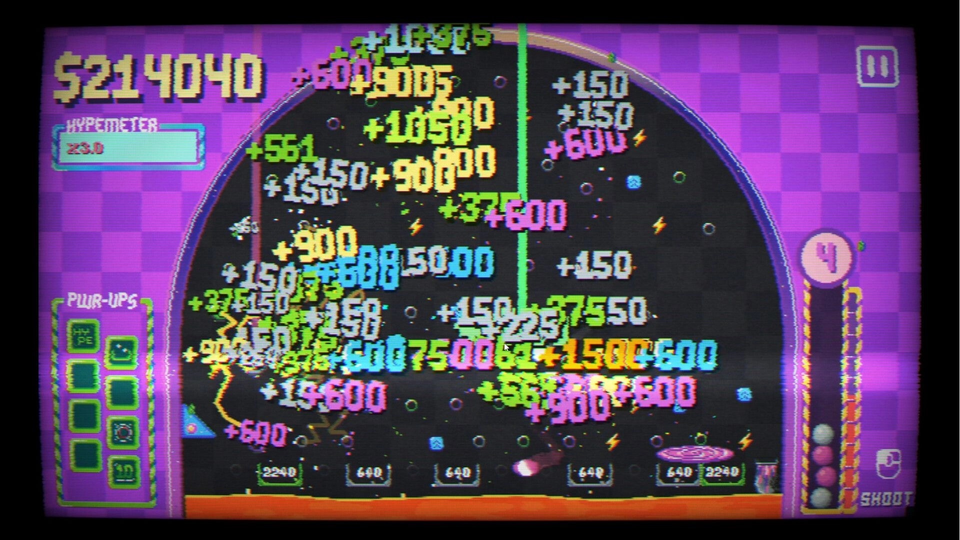 Pegfinity: Peg board run with colorful score popups, hypermeter and power-ups UI on purple grid bg.