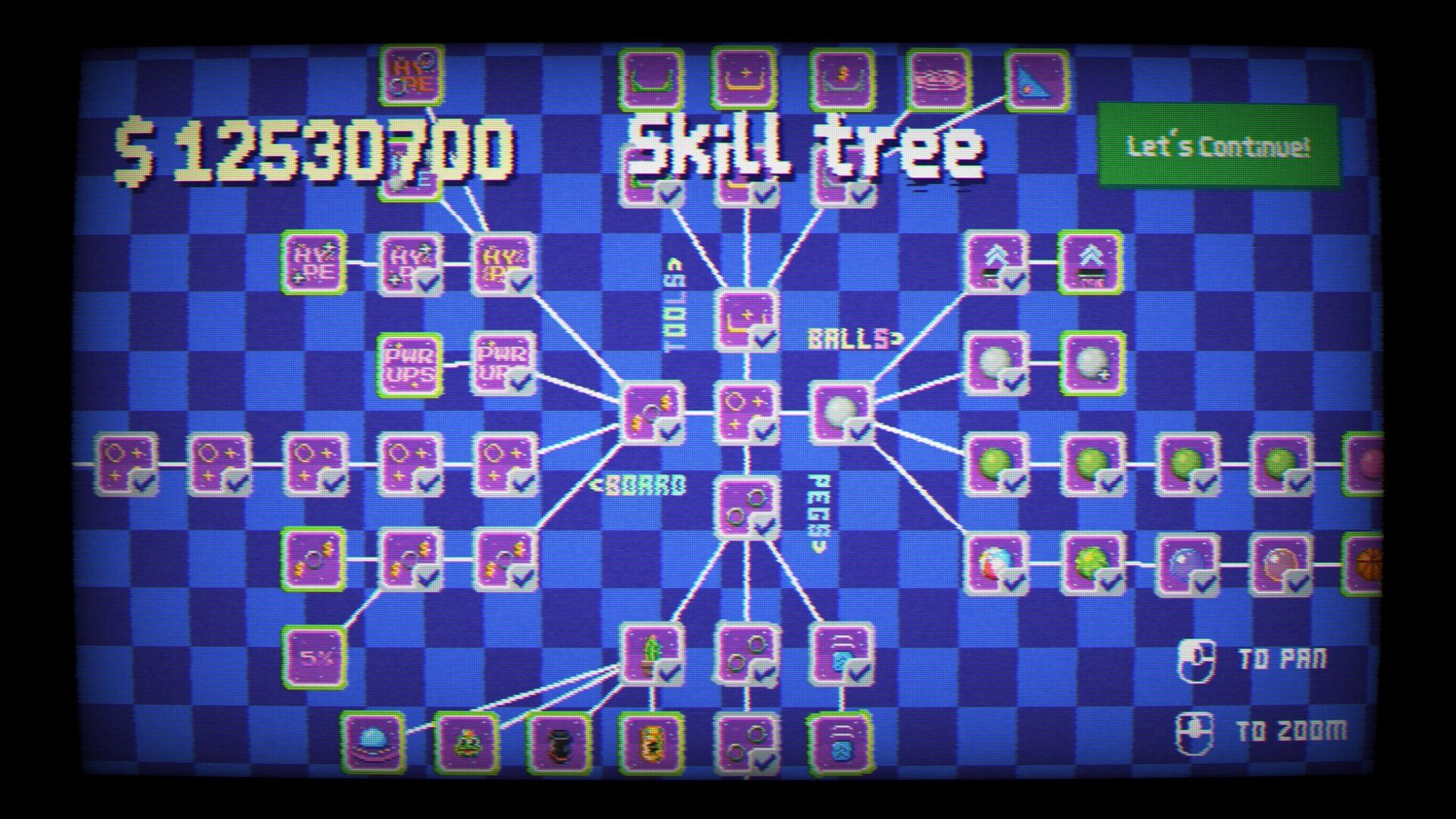 Pegfinity: Skill tree upgrade screen with branching nodes and $12530700 on a blue grid background.