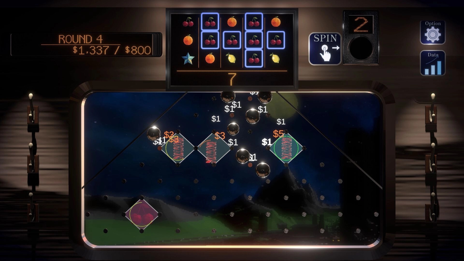 PegLotto!: Round 4 slot reels above a pachinko board with bouncing balls and dollar payouts train cabin view.