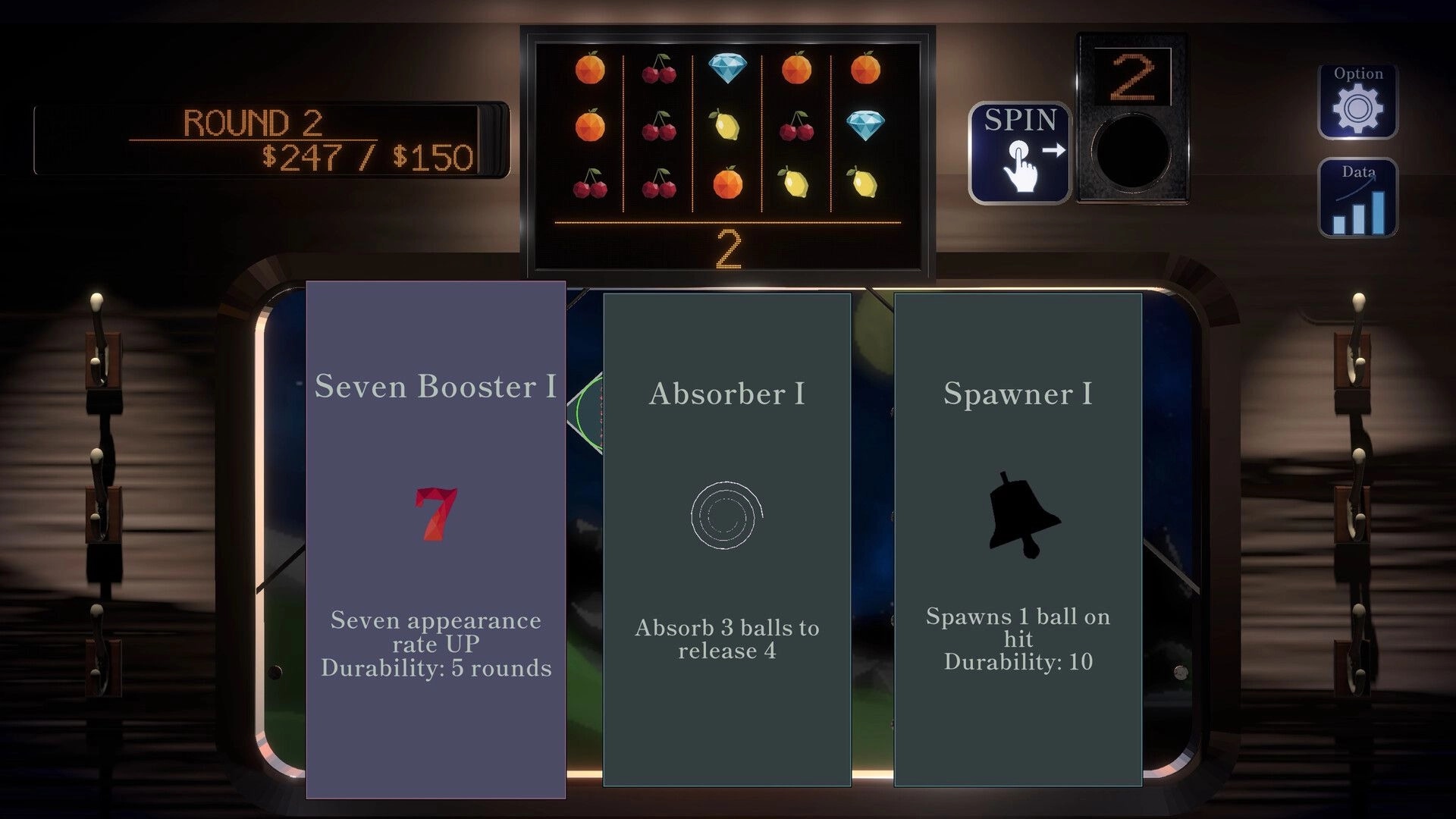 PegLotto!: Round 2 reward selection with three item cards under slot reels in train cabin UI.