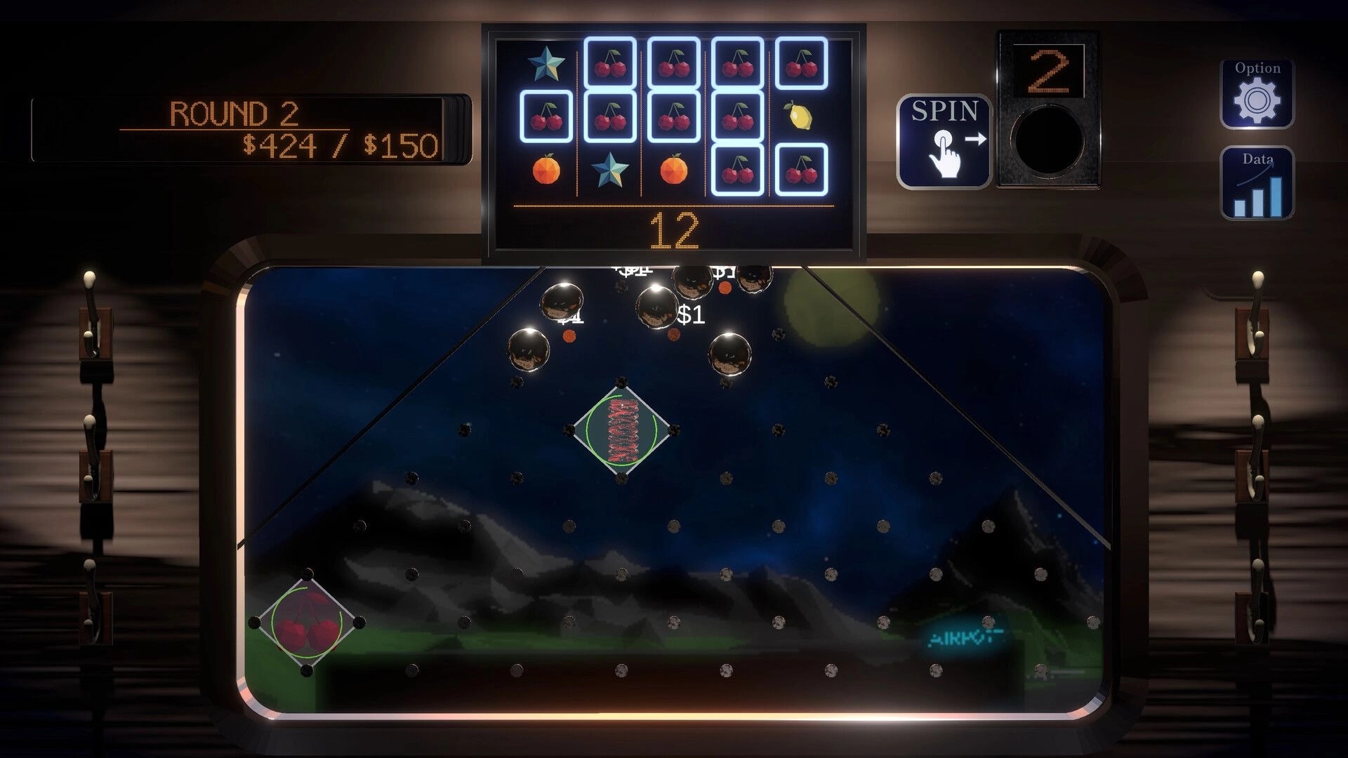 PegLotto!: Round 2 pachinko board with fruit slot grid and Spin button over a night mountain backdrop.