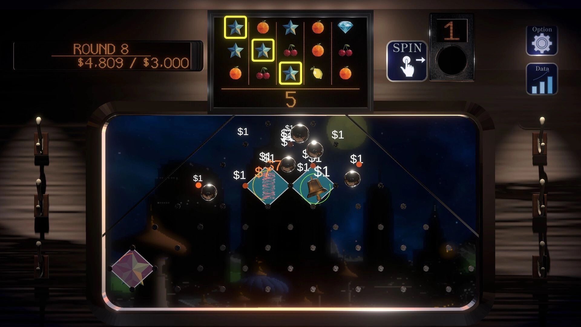 PegLotto!: Pachinko board with bouncing balls and $1 popups below slot reels in train cabin UI.