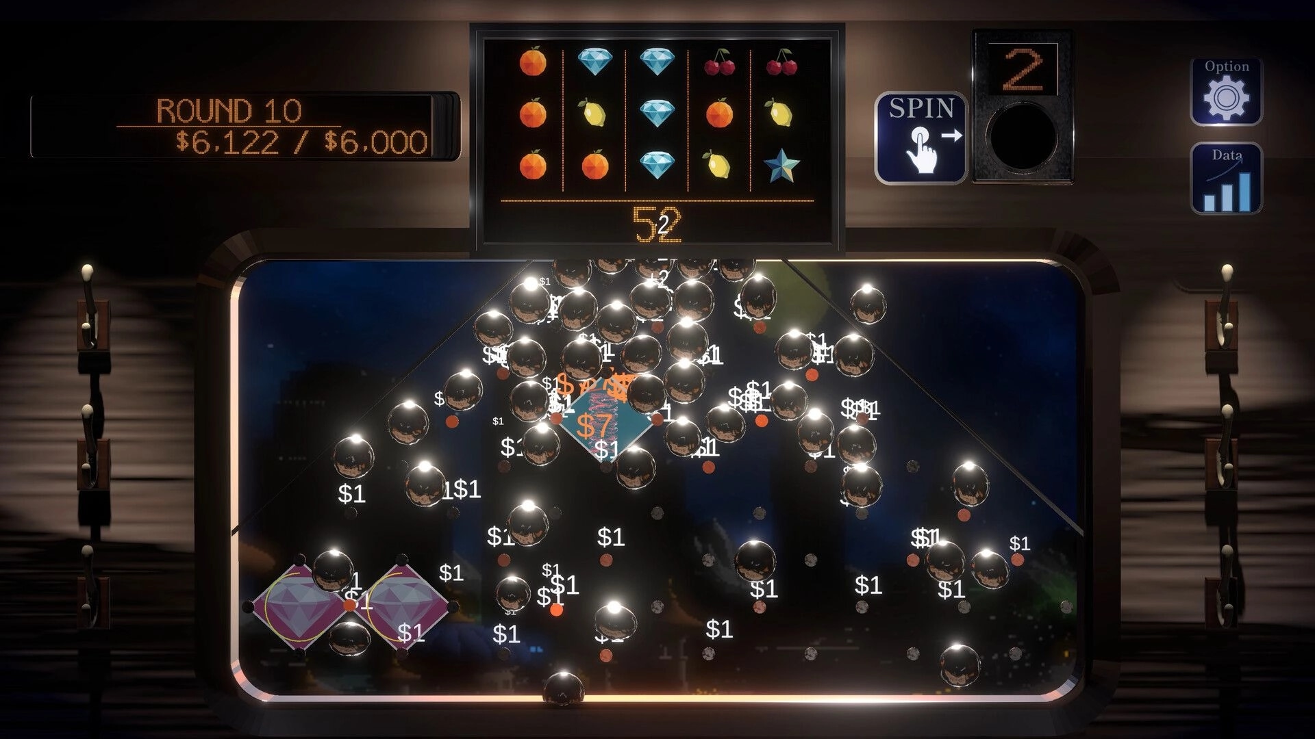 PegLotto!: Round 10 slot reels above a pachinko board packed with pegs and $1 payouts in train UI.