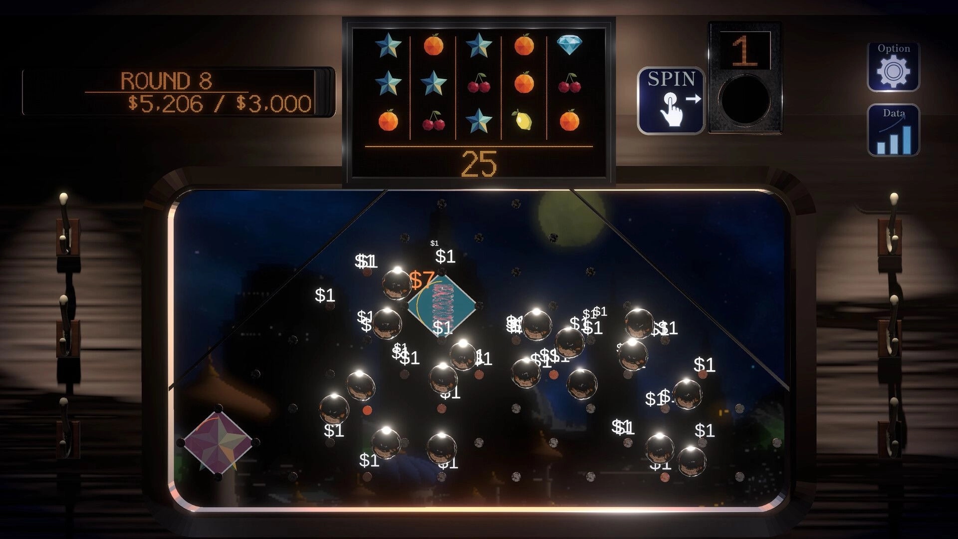 PegLotto!: Slot reels above a pachinko board with glowing balls and $1 pegs, Round 8 train cabin UI.