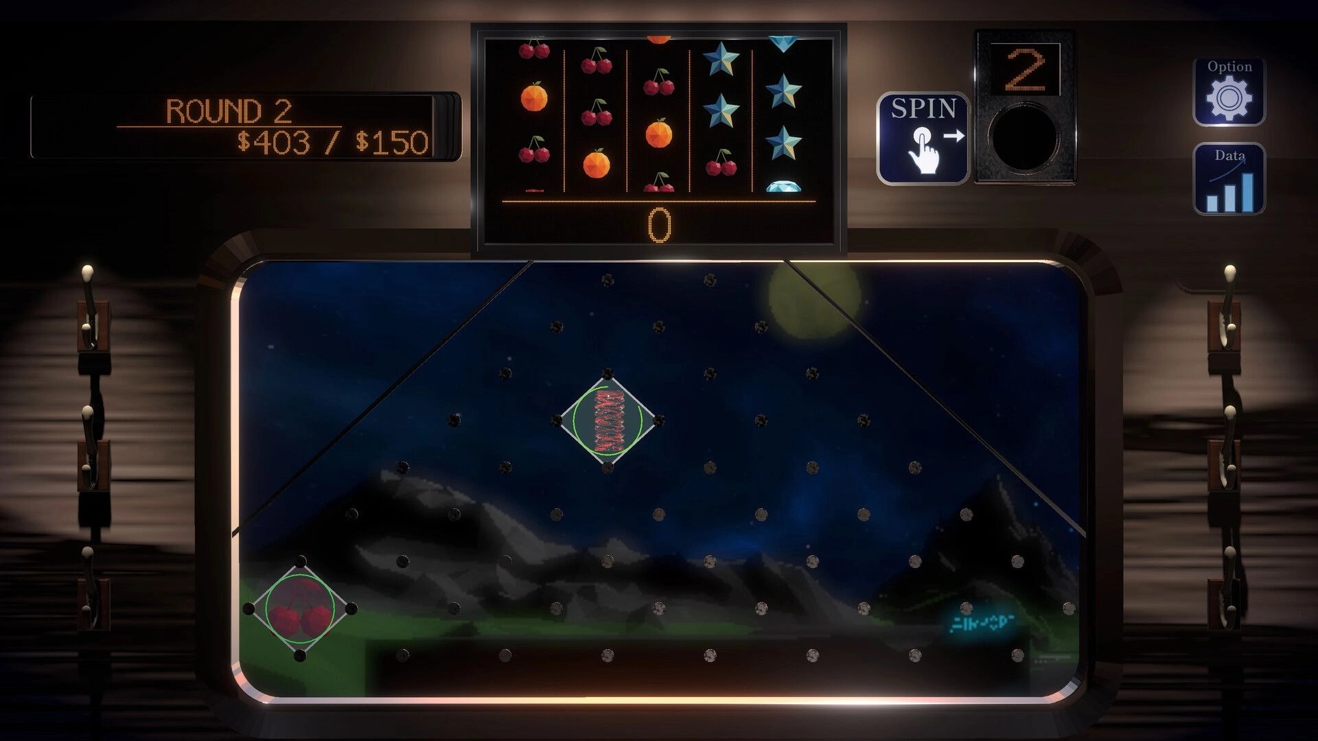 PegLotto!: Round 2 slot reels above a pachinko pegboard with items placed, spin button on train UI.