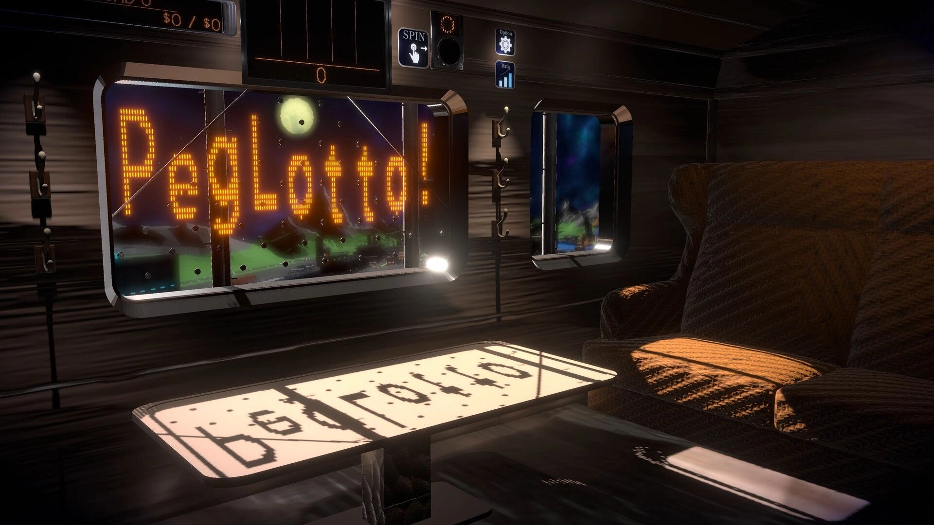 PegLotto!: PegLotto! title screen with Spin and option icons inside a dim train cabin lounge.