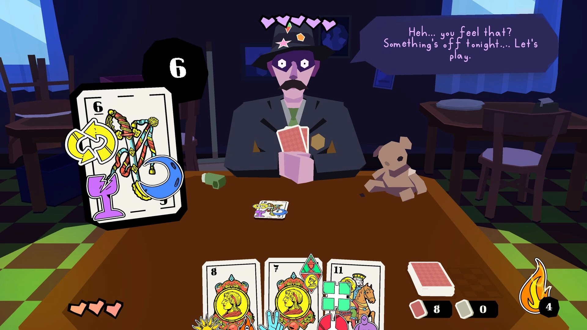 Pegote: Card duel at table with stickered 6 card, rival man speaking in dim tavern room.