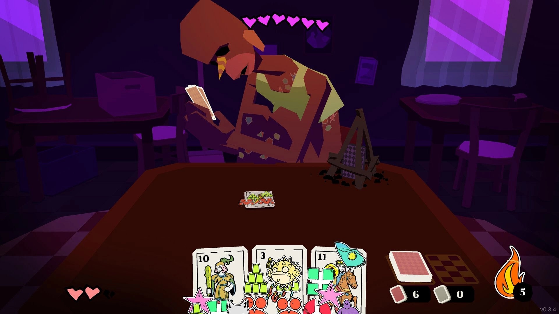 Pegote: Card duel table with stickered hand and heart meter facing a hunched opponent in a bar room.