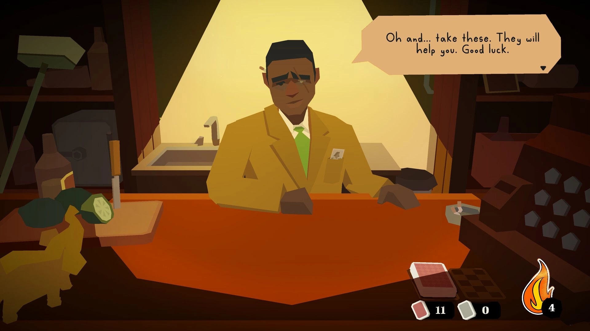 Pegote: NPC bartender gives advice in dialogue box behind bar, card and flame counters at bottom.