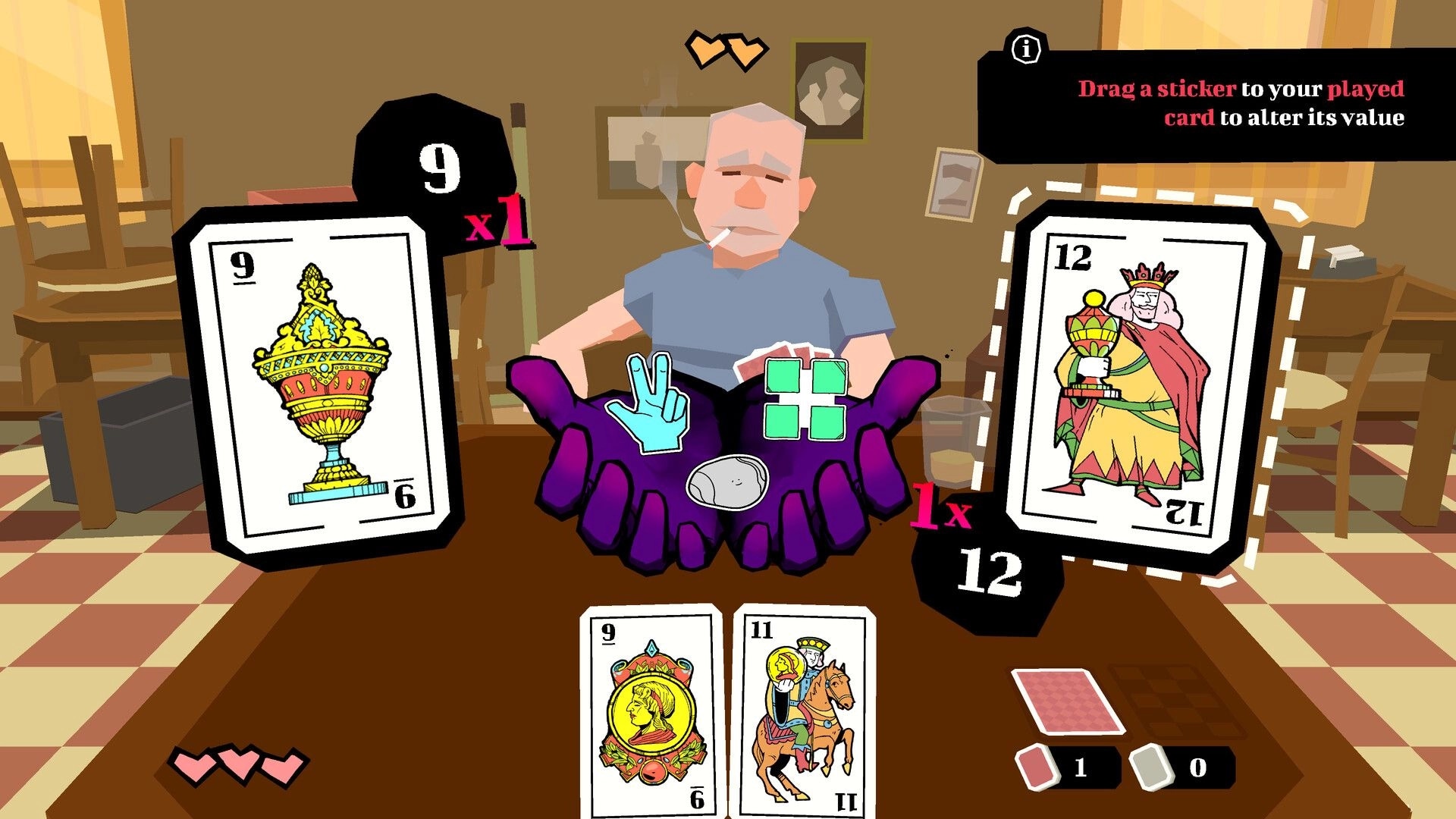 Pegote: Sticker selection over duel cards 9 vs 12 at a tavern table with opponent and UI prompt.