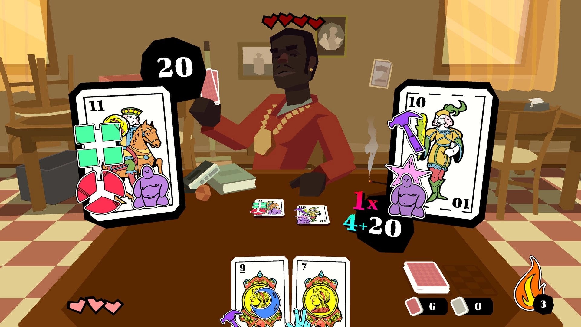 Pegote: Card duel UI with stickered Spanish cards on a tavern table, opponent holding a hand.