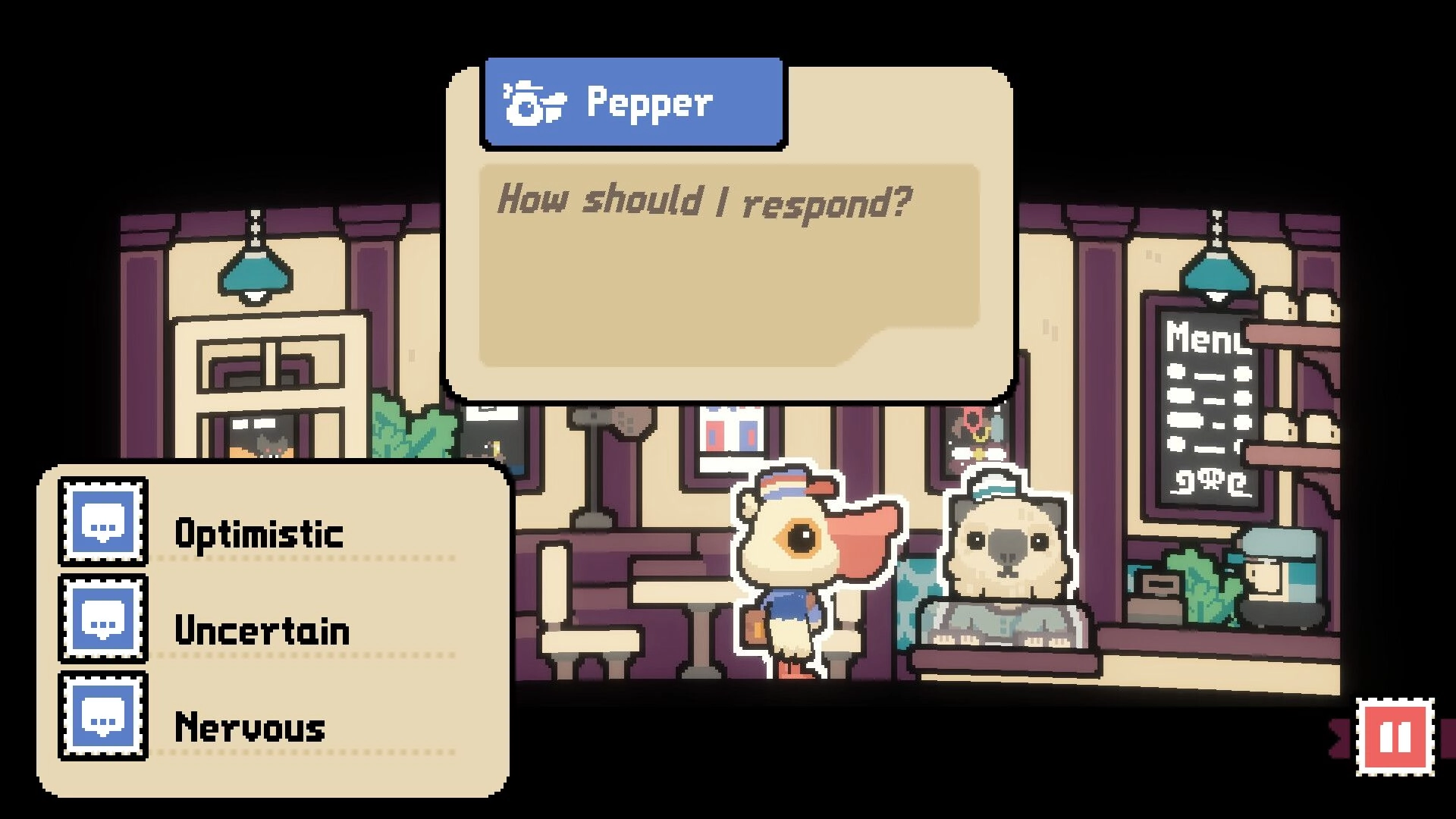 Pelican Post: Dialogue choice with Pepper, selecting Optimistic/Uncertain/Nervous in cafe interior.