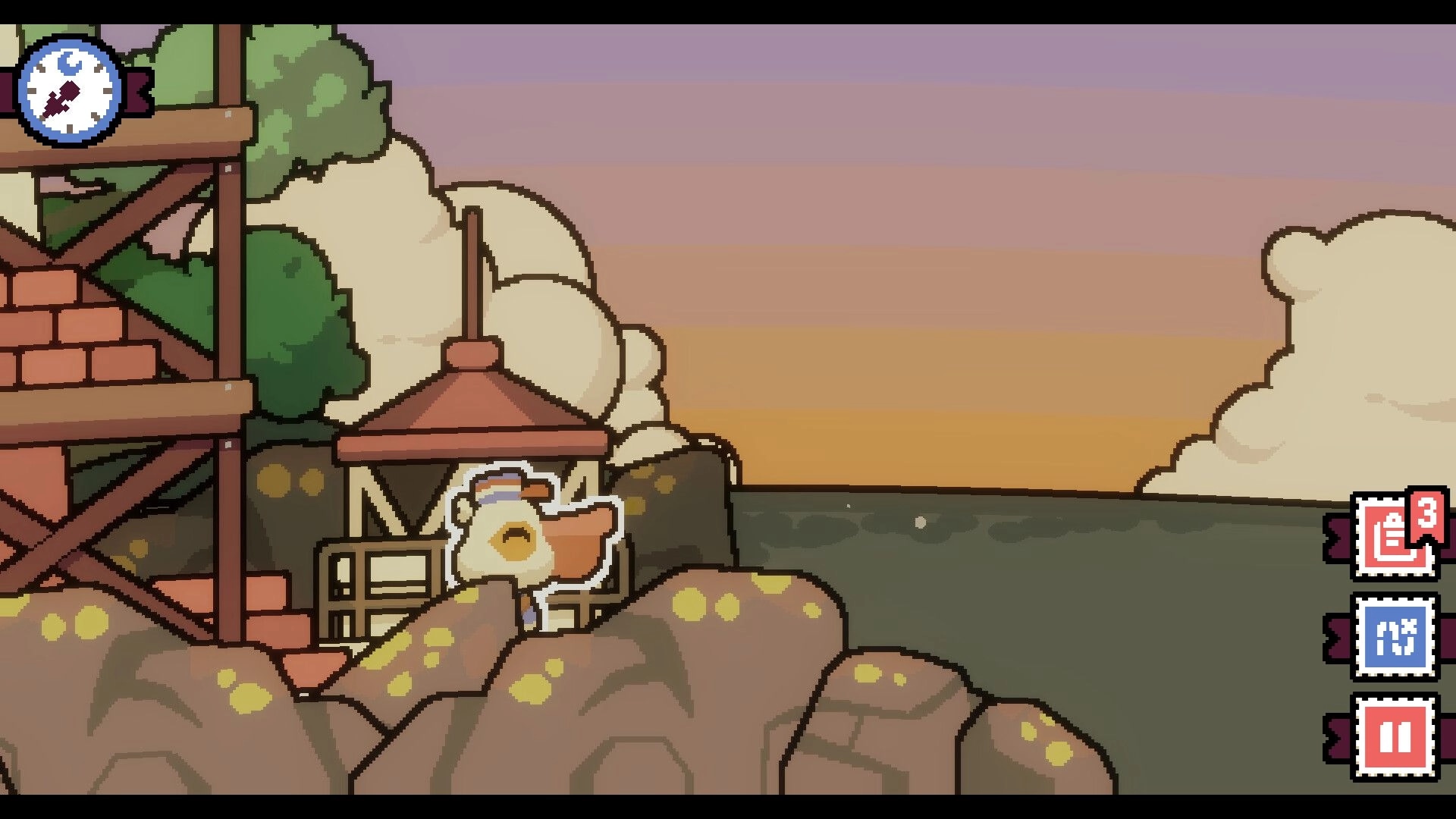 Pelican Post: Pelican mail carrier by seaside shack at sunset, with clock icon and menu buttons UI.