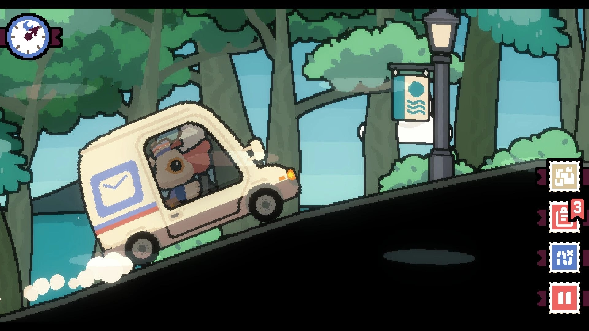 Pelican Post: Mail van driving uphill past a lamppost banner, forest road with UI icons on right.