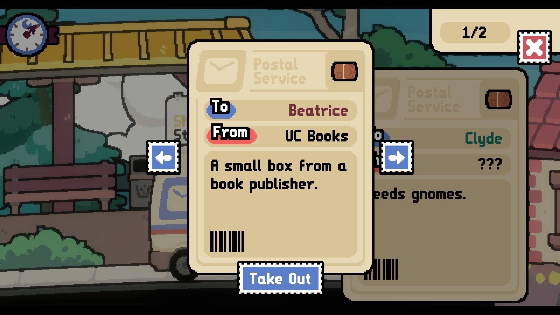 Pelican Post: Postal Service package details for Beatrice from UC Books over town street backdrop.