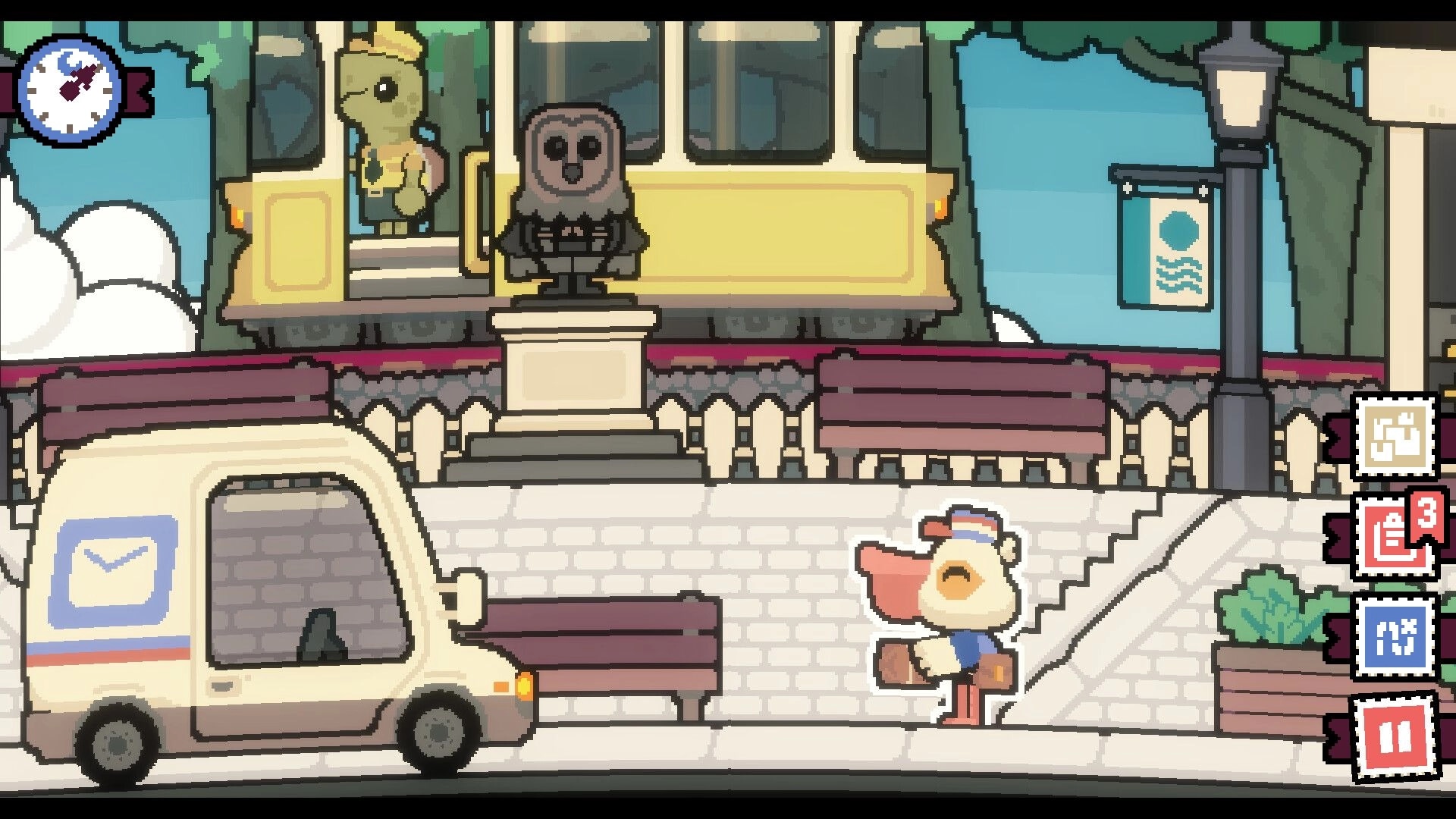 Pelican Post: Mail carrier walks past delivery van and station statue in a cozy town plaza with UI icons.