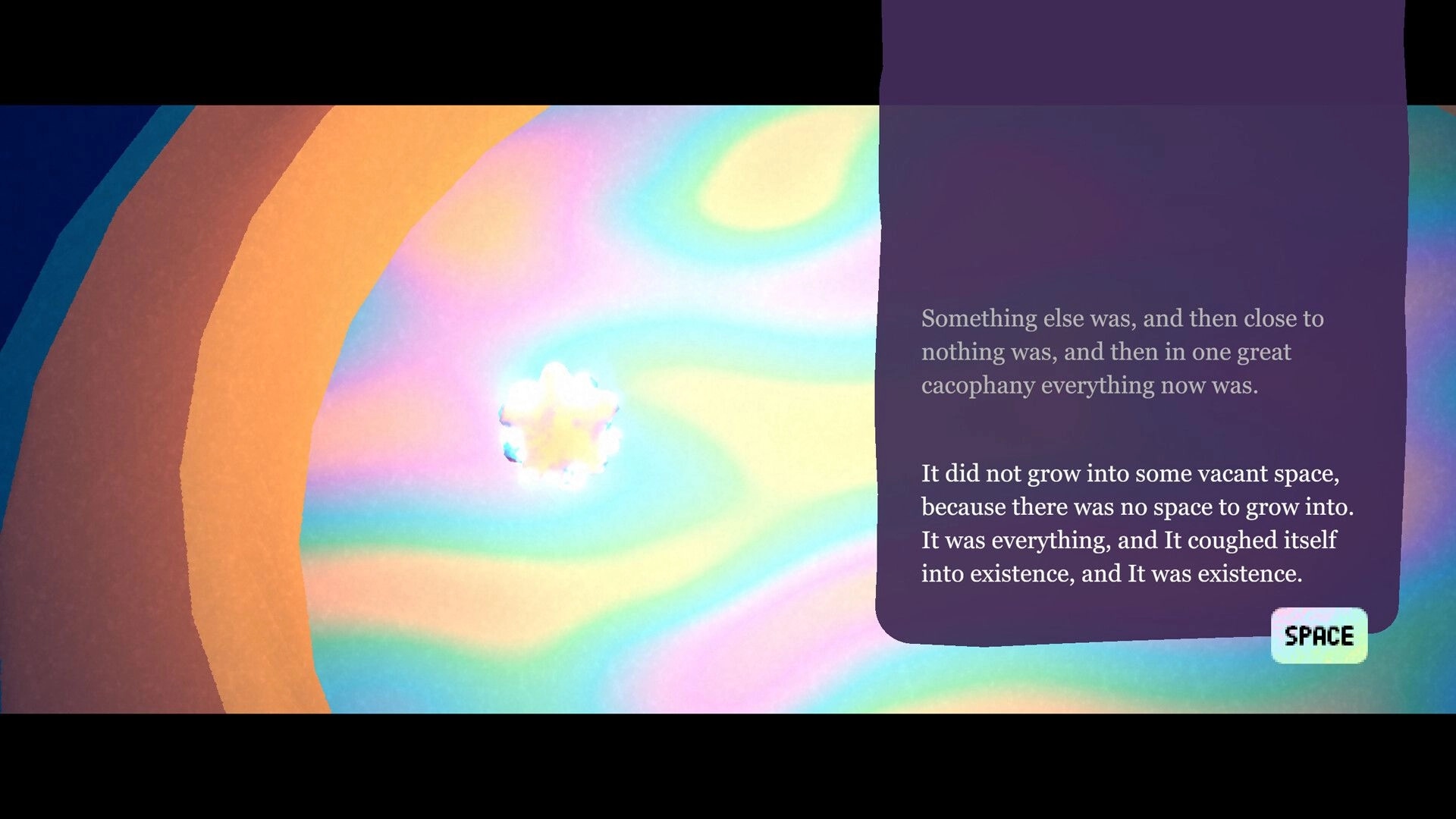 Pelikeeper: Story text dialogue panel with SPACE prompt over swirling rainbow cosmos background.