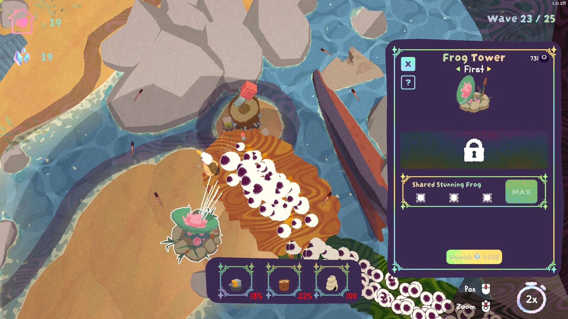 Pelikeeper: Frog Tower upgrade panel open during wave 23/25 on a rocky island shoreline map.