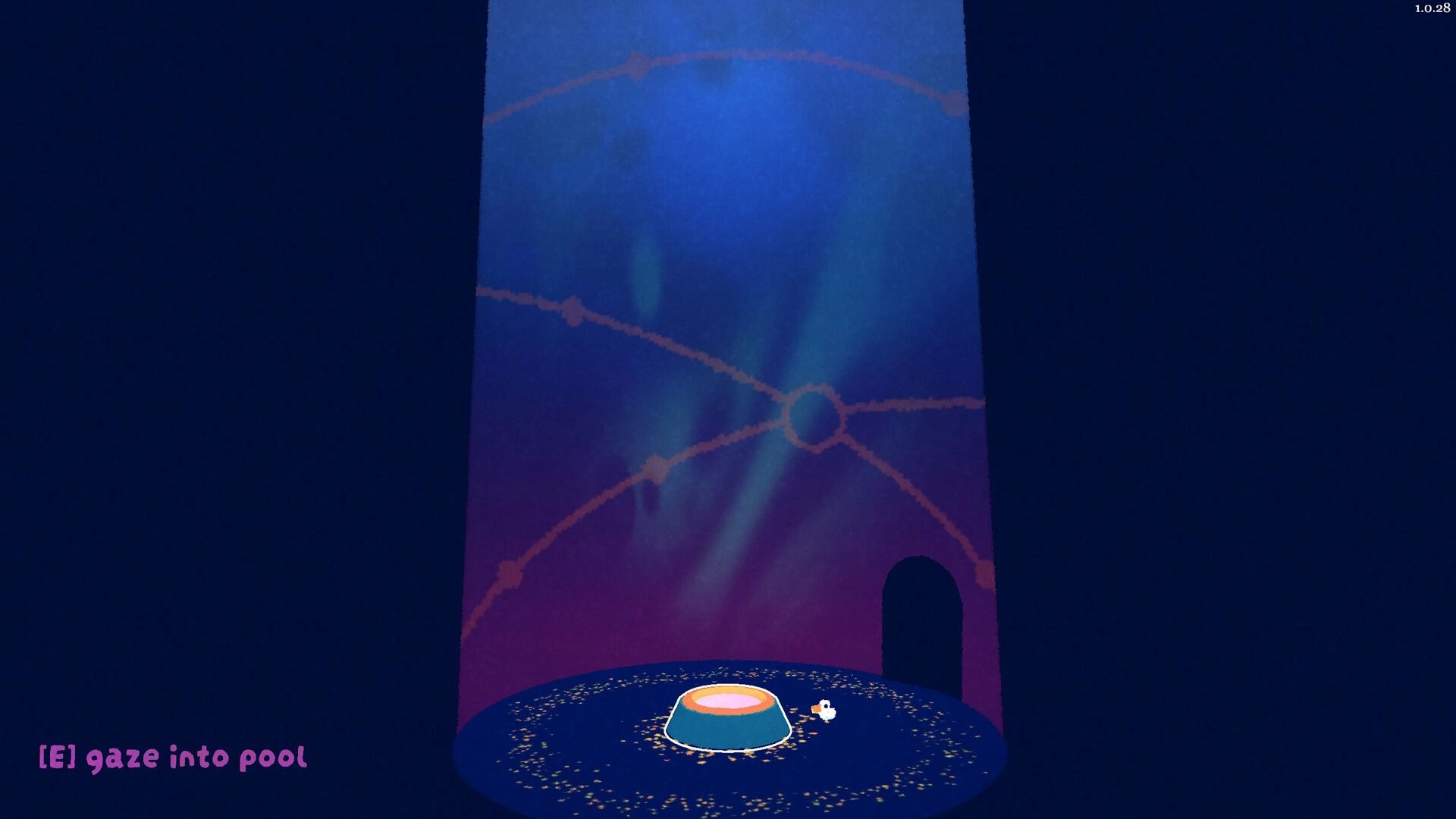 Pelikeeper: Pelican stands by glowing pool with [E] gaze prompt inside a dark lighthouse chamber.