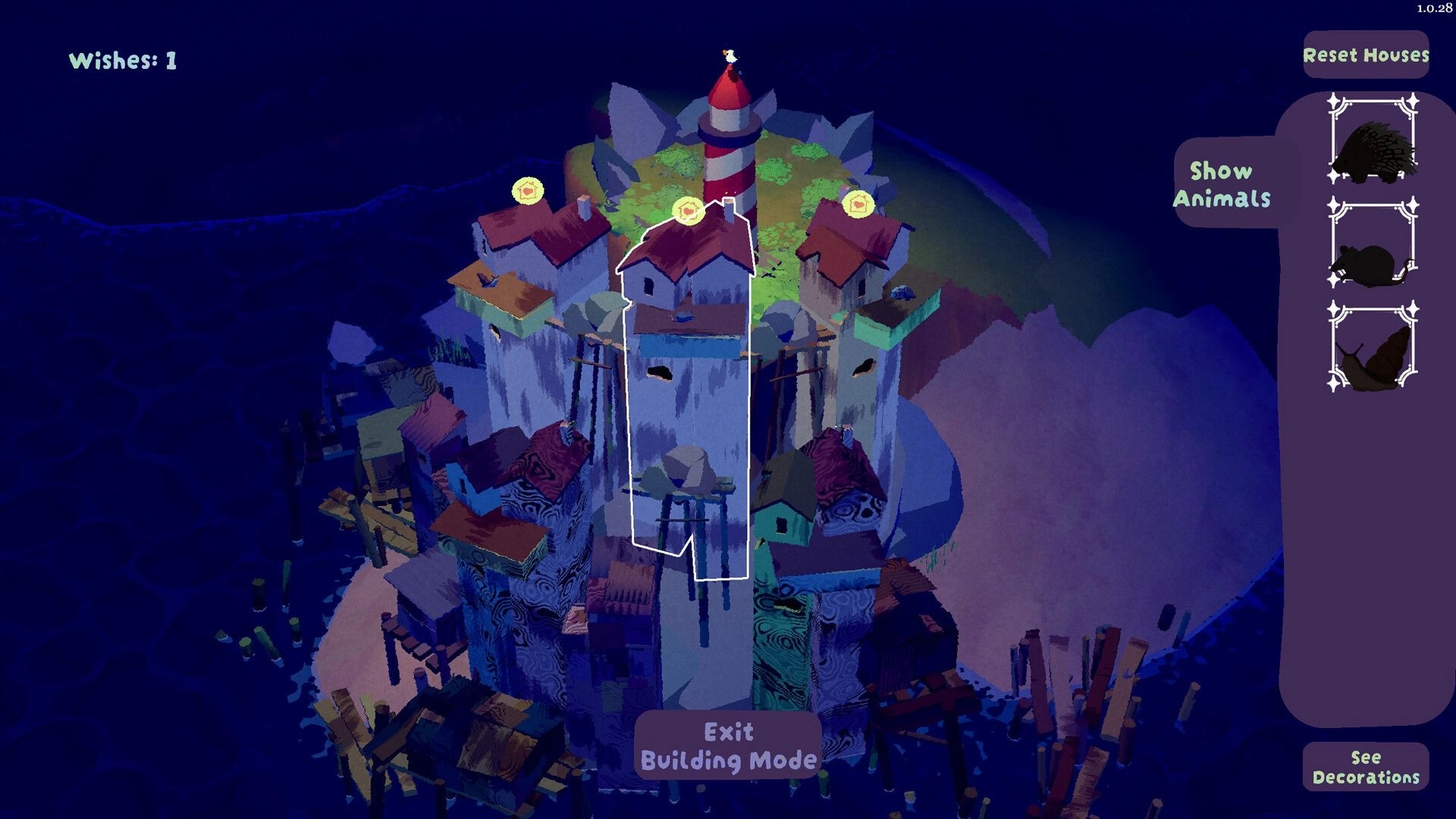Pelikeeper: Building mode selecting a tall house by the lighthouse on a cliffside village island map.