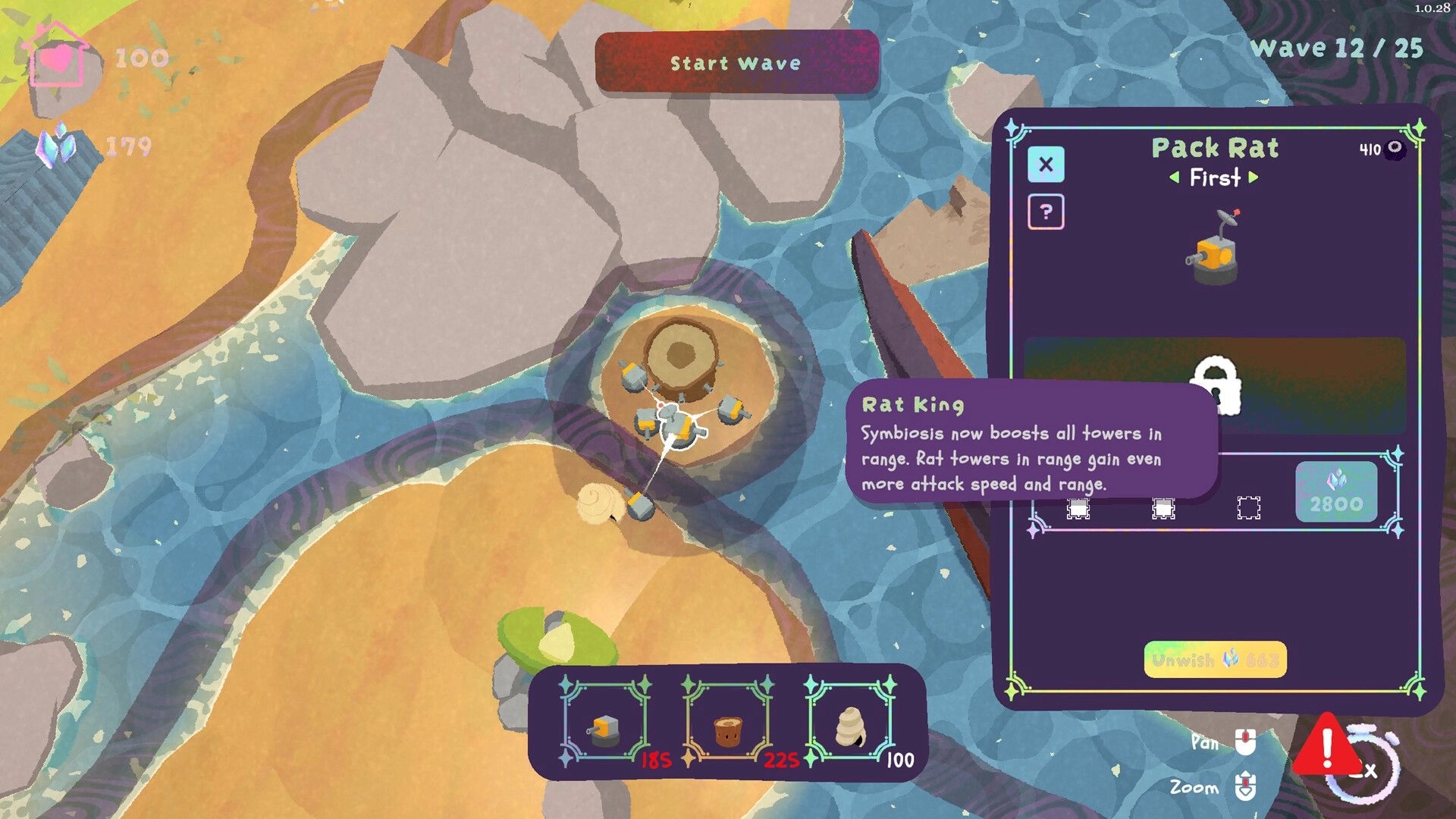 Pelikeeper: Pack Rat tower upgrade panel and Start Wave UI over sandy islands and water map.