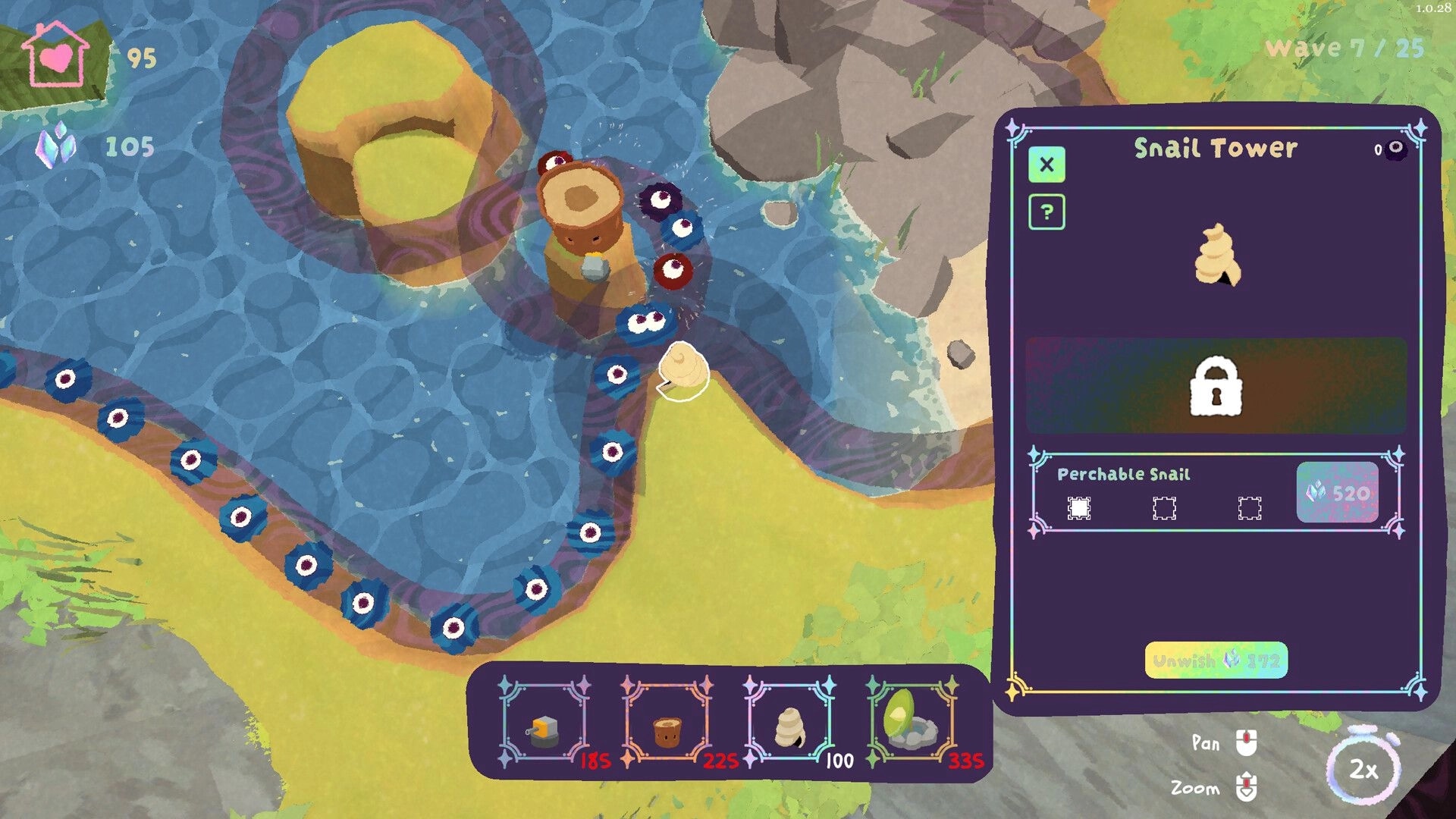 Pelikeeper: Snail Tower info panel open beside winding enemy path along a rocky shoreline map.