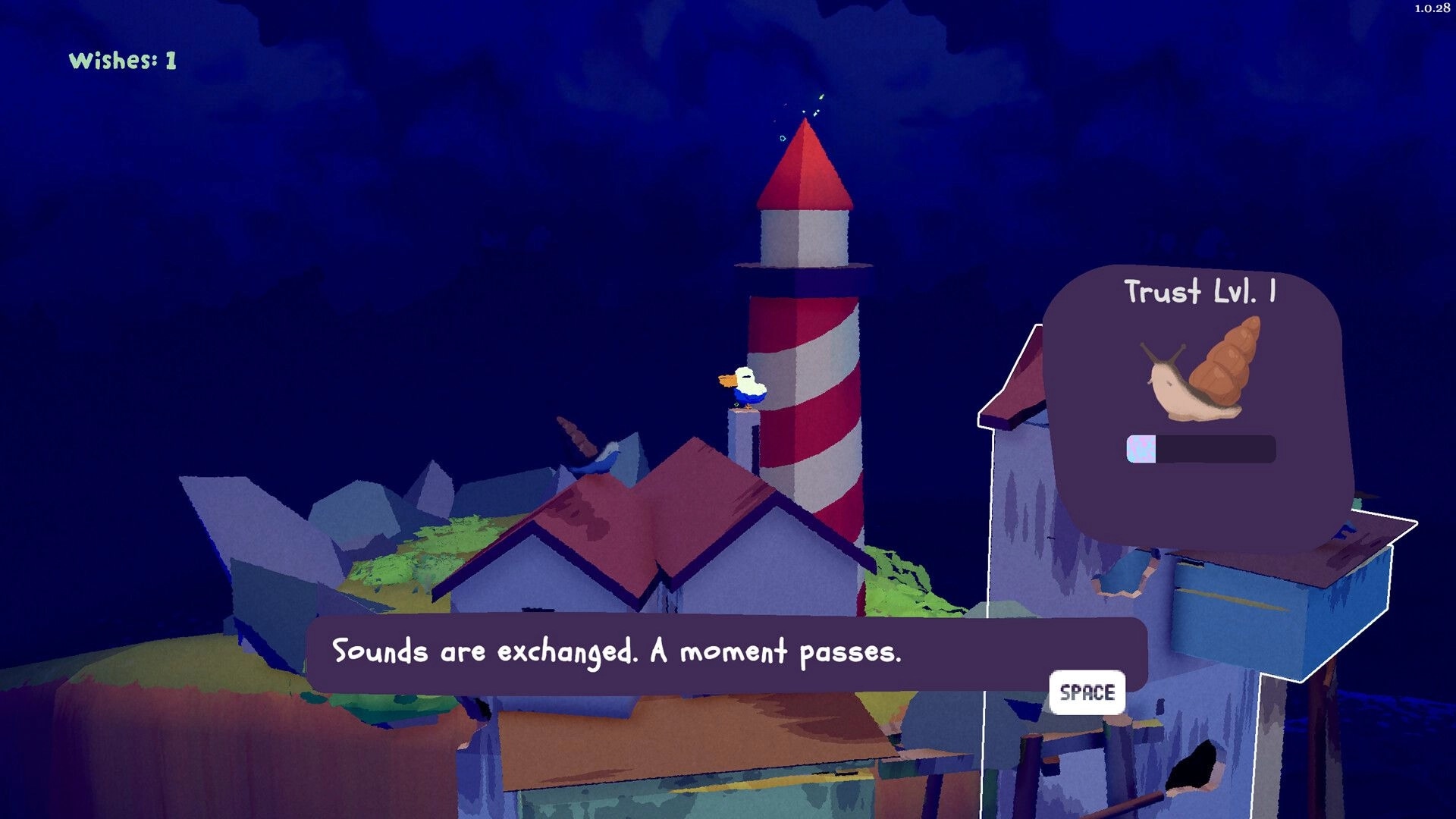 Pelikeeper: Pelican talks with a snail, Trust Lvl 1 UI by the striped lighthouse at night village.