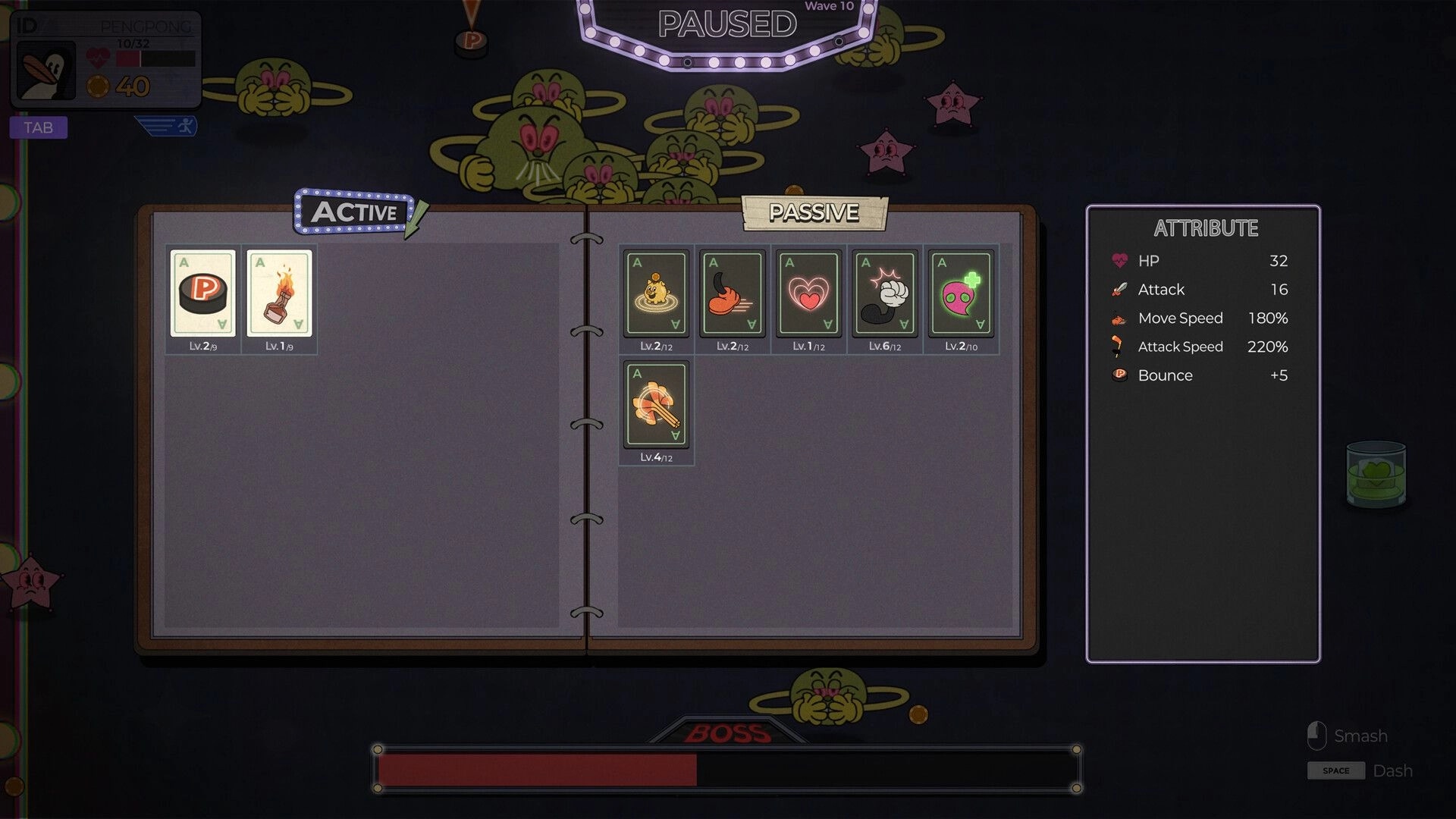 PengPong: Skill menu open with active and passive abilities displayed, surrounded by cartoon monsters