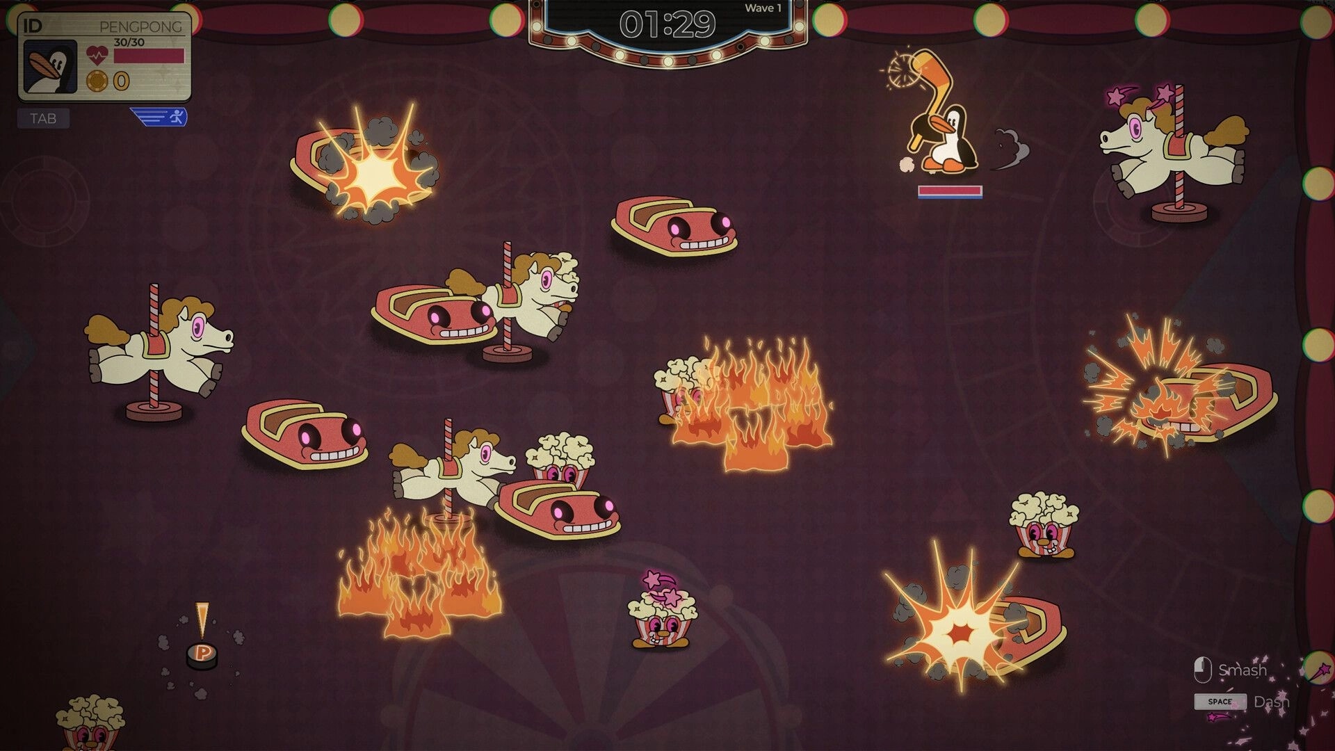 PengPong: Penguin attacks cartoon enemies with hockey stick in a chaotic pinball-style battle arena