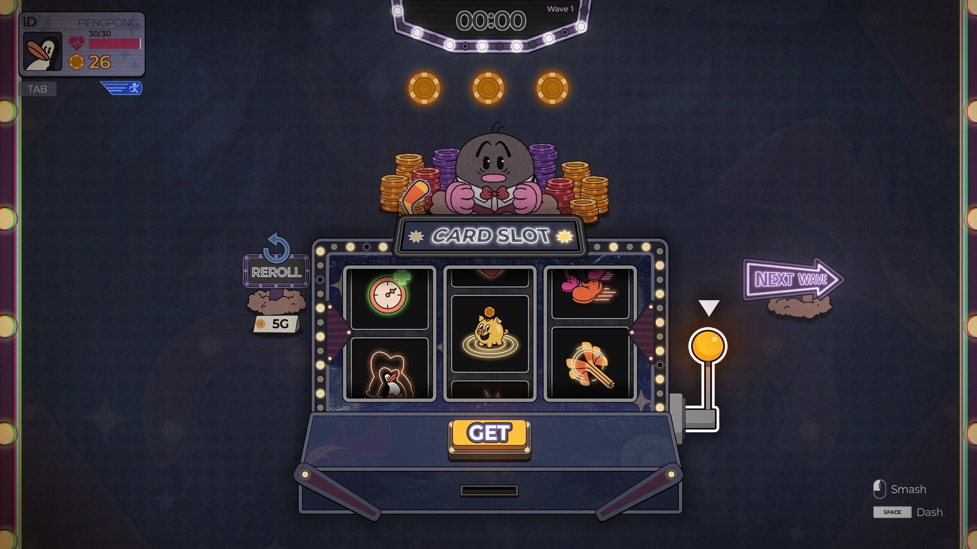 PengPong: Card slot machine with vintage cartoon mole and various item cards in a dark arcade setting