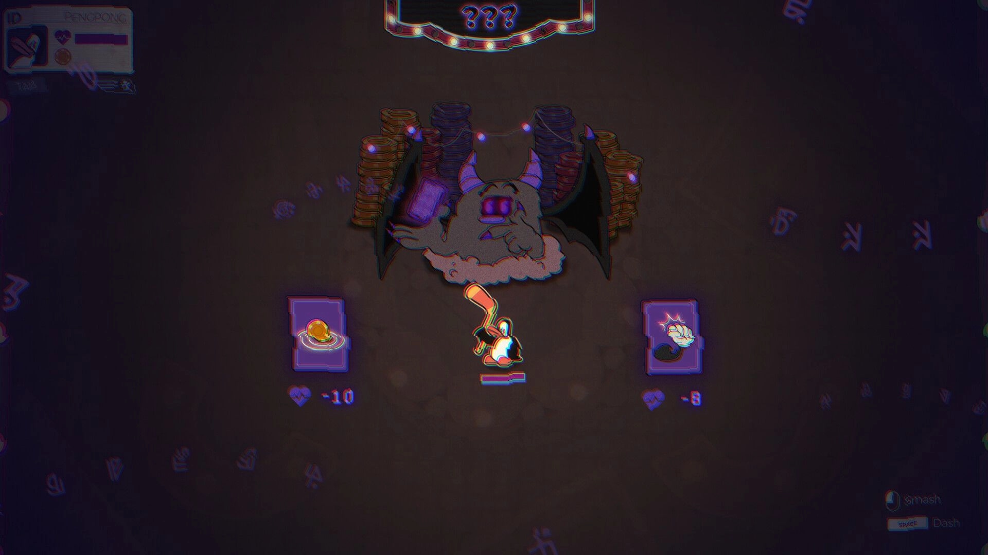 PengPong: Penguin with hockey stick facing monster in dark arena, UI shows health and ability cards