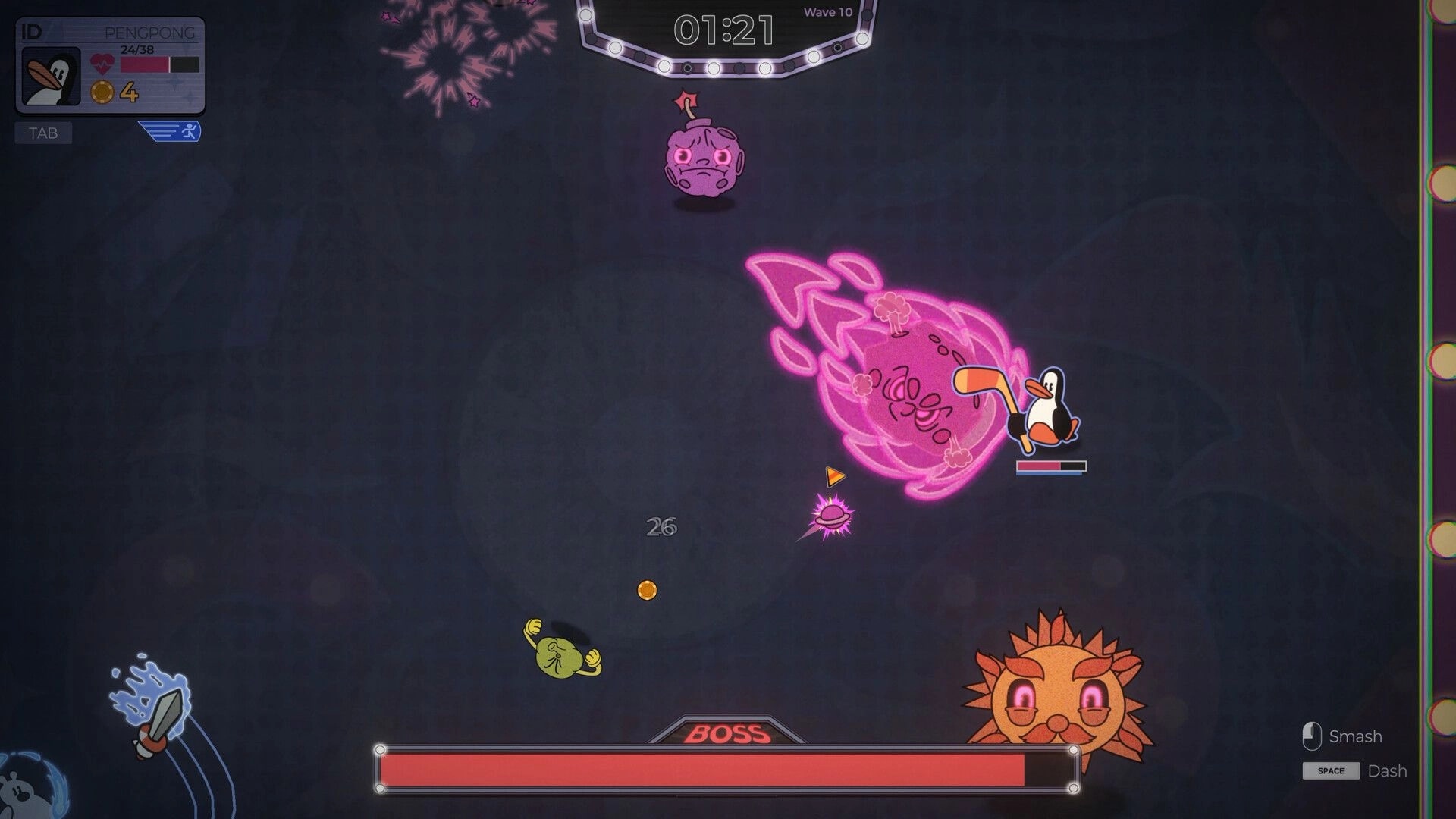 PengPong: Penguin with hockey stick battles pink monster boss in chaotic pinball-style combat arena
