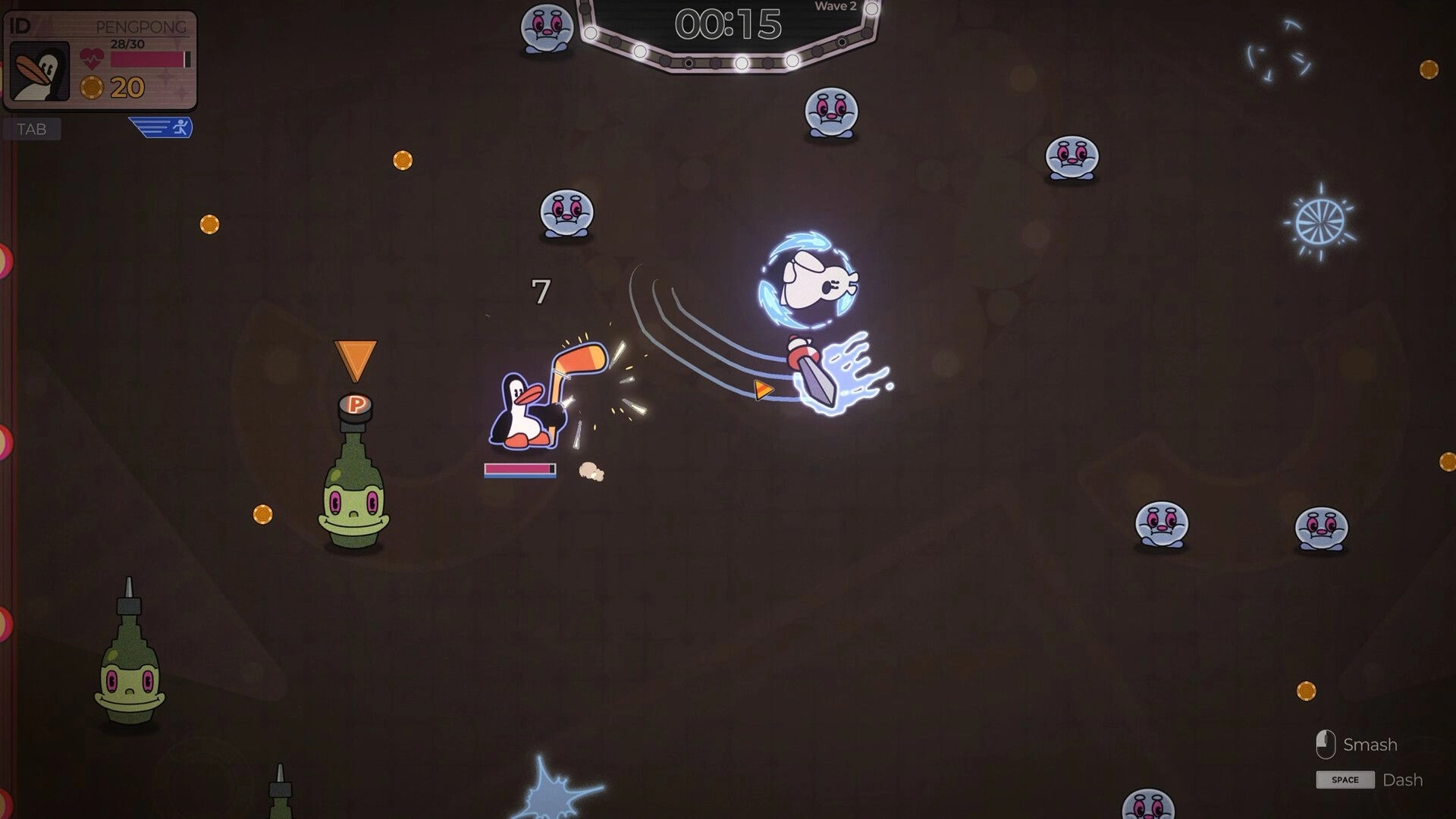 PengPong: Penguin battles cartoon monsters with hockey stick in dark arena, coins and UI elements visible