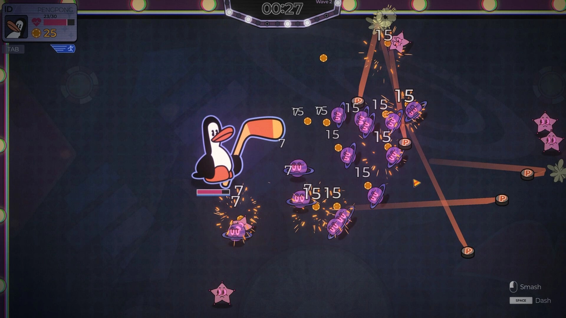 PengPong: Penguin with hockey stick battles cartoon monsters in chaotic arena with score indicators