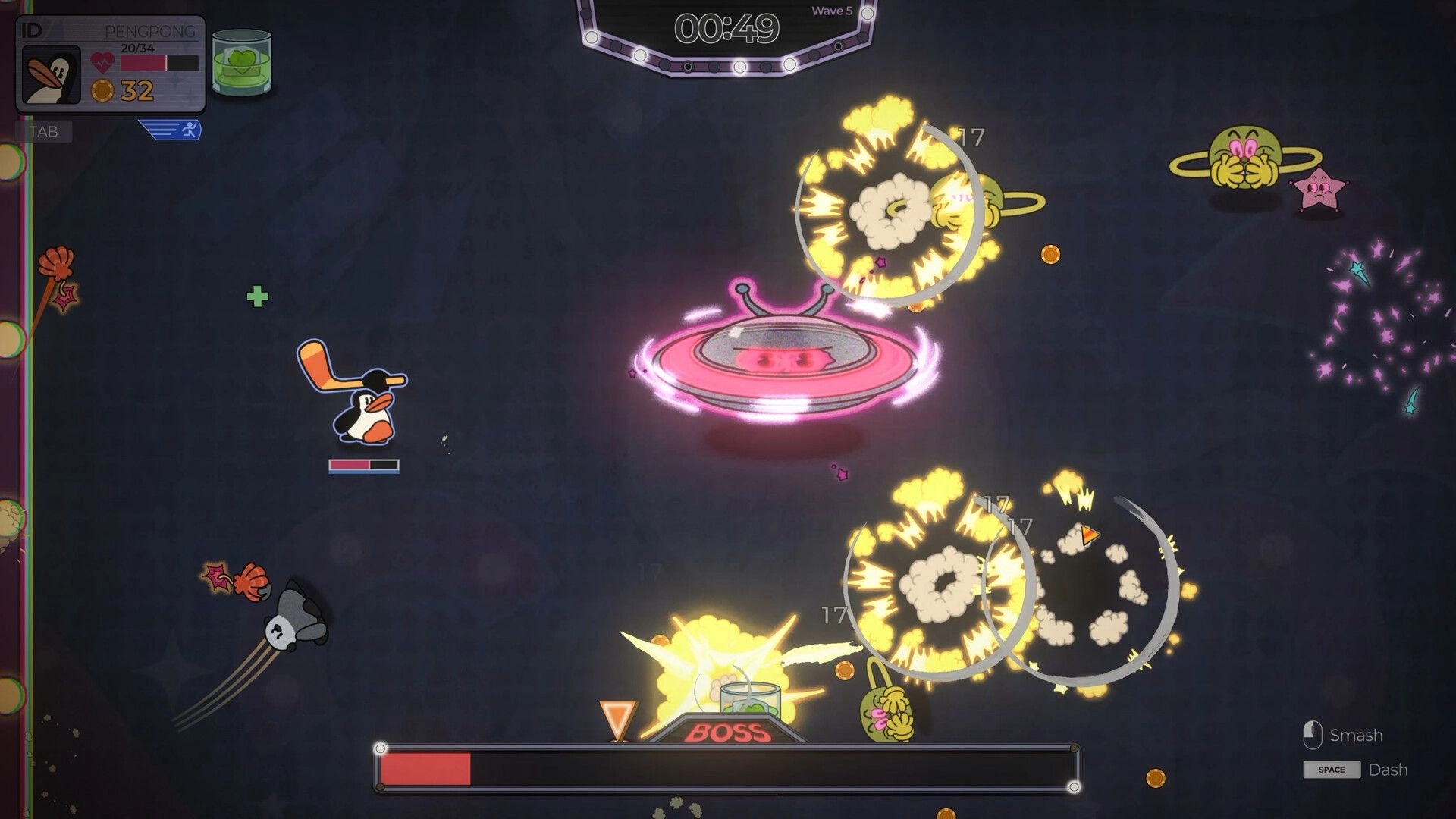 PengPong: Penguin battling a UFO boss with explosions in a vintage cartoon arena with health bar visible.