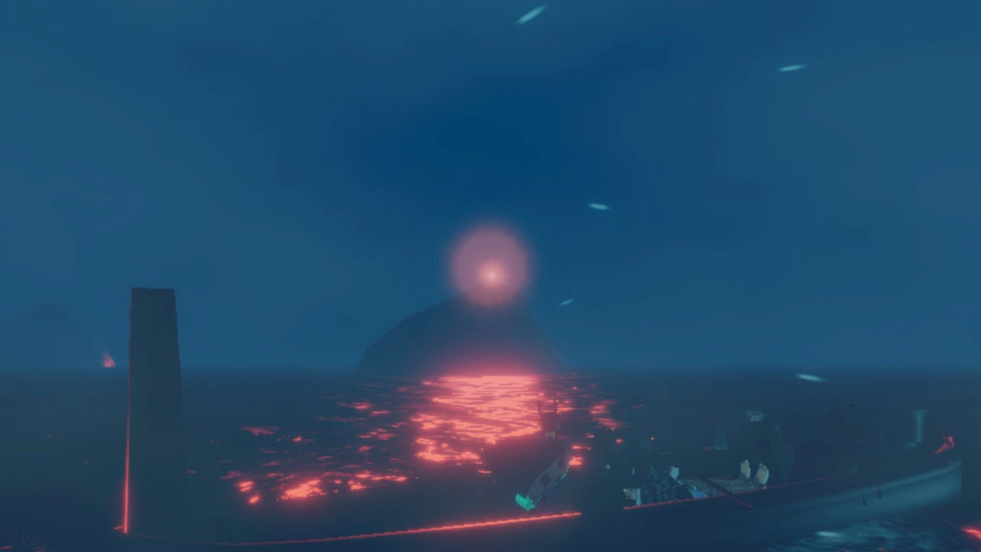 Penguin Colony: Red glowing orb over dark ocean with ship silhouette, viewed in foggy blue night.