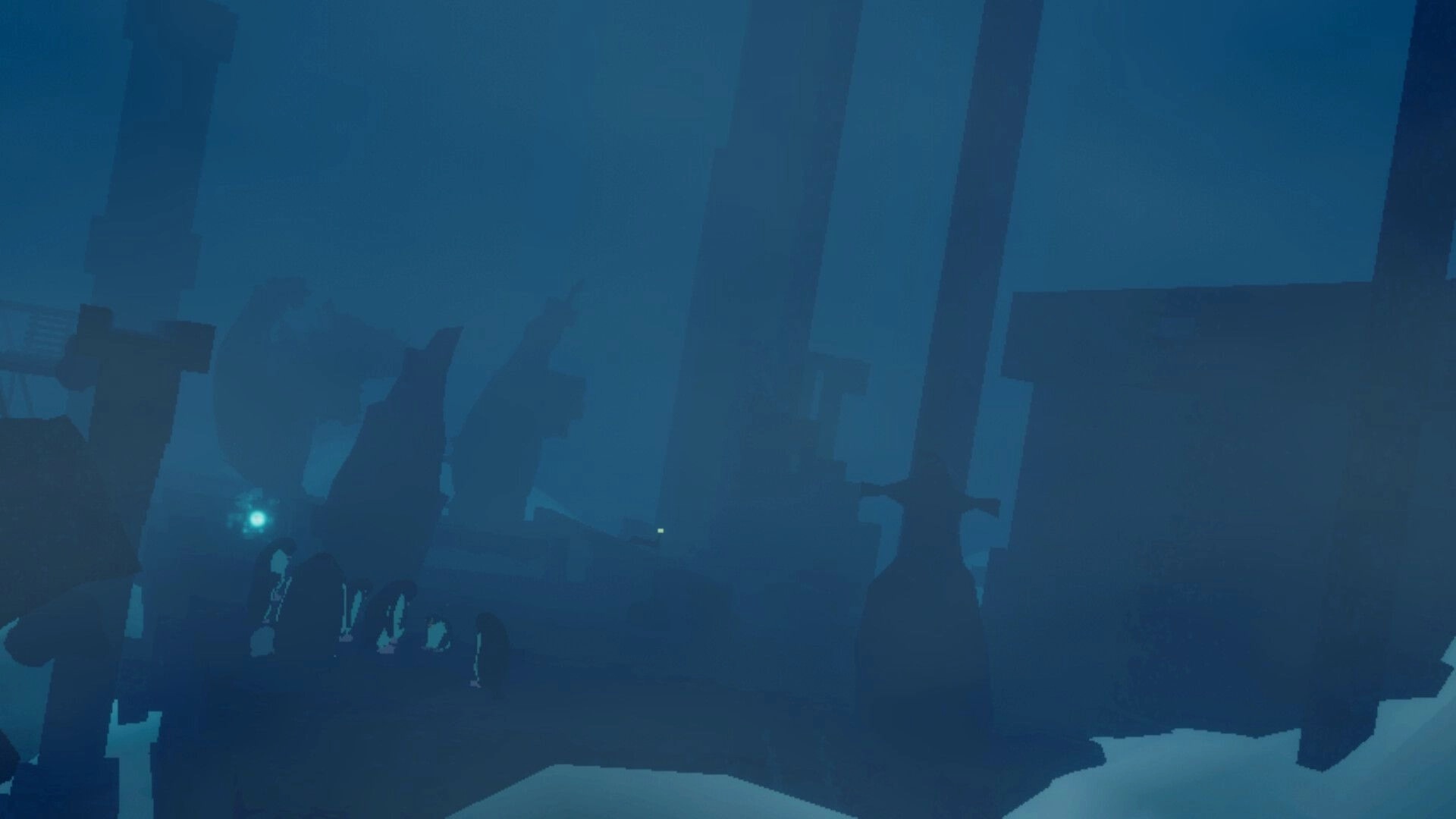 Penguin Colony: Penguins huddle by a glowing blue light amid foggy wooden crosses in snowy ruins.