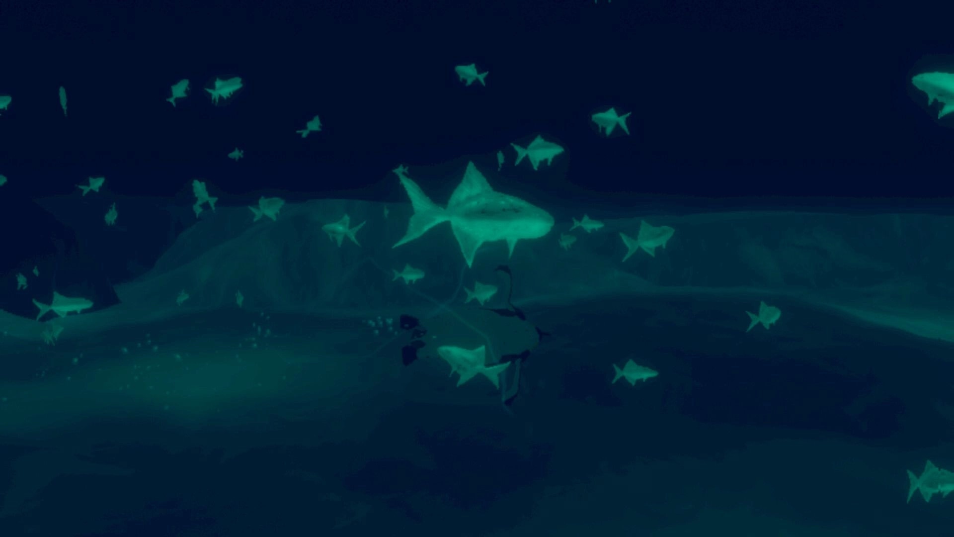 Penguin Colony: Glowing sharks and fish swirl in dark water above a faint penguin silhouette underwater.