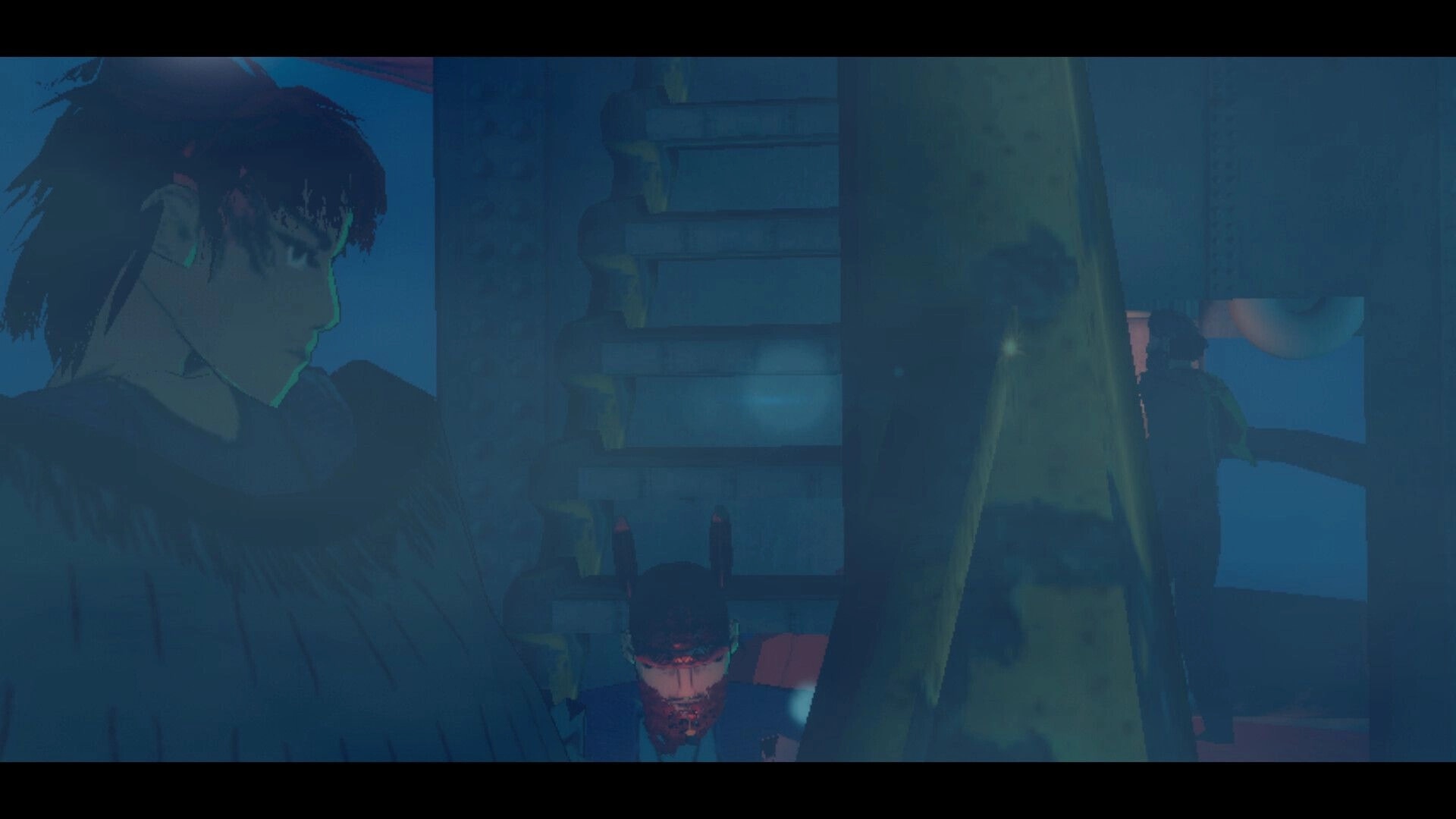 Penguin Colony: Close-up of two bundled explorers in dim blue fog inside a cramped wooden structure.