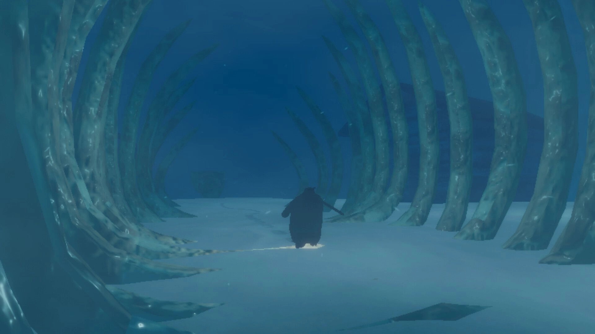 Penguin Colony: Penguin trudges through a blue ice tunnel of rib-like pillars in a snowy cavern.