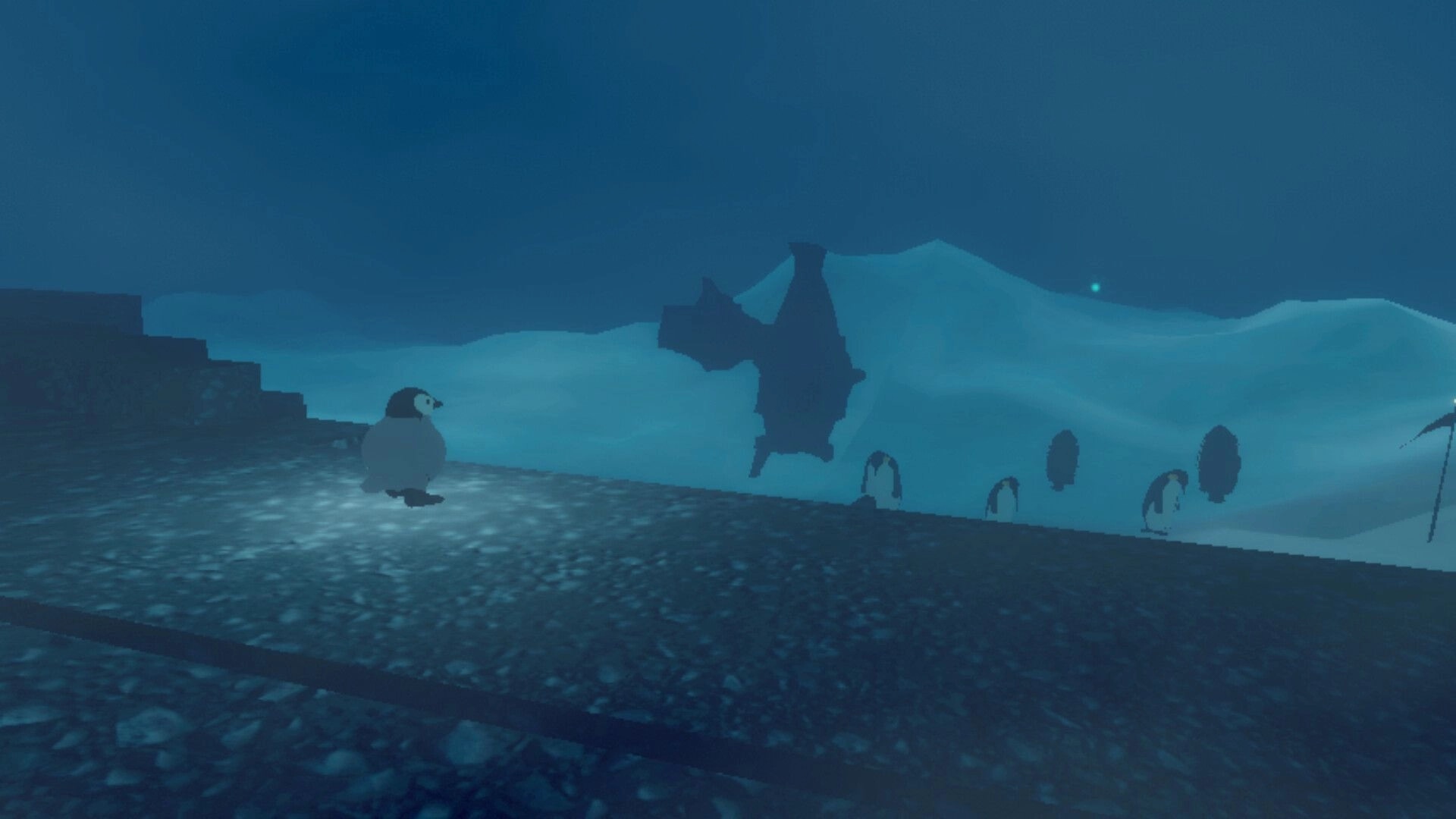 Penguin Colony: Penguin walks along icy path past shadowy wreck in a foggy Antarctic night scene.