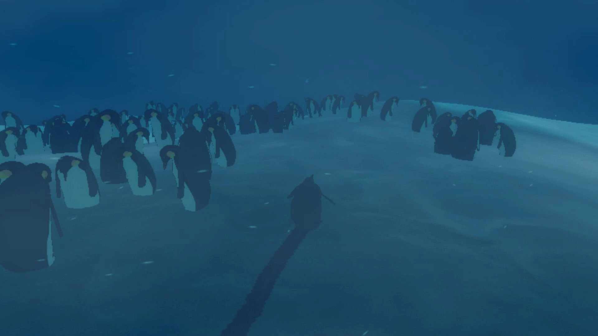 Penguin Colony: Lone penguin walks toward a large huddle of penguins on a snowy ridge in a blizzard.