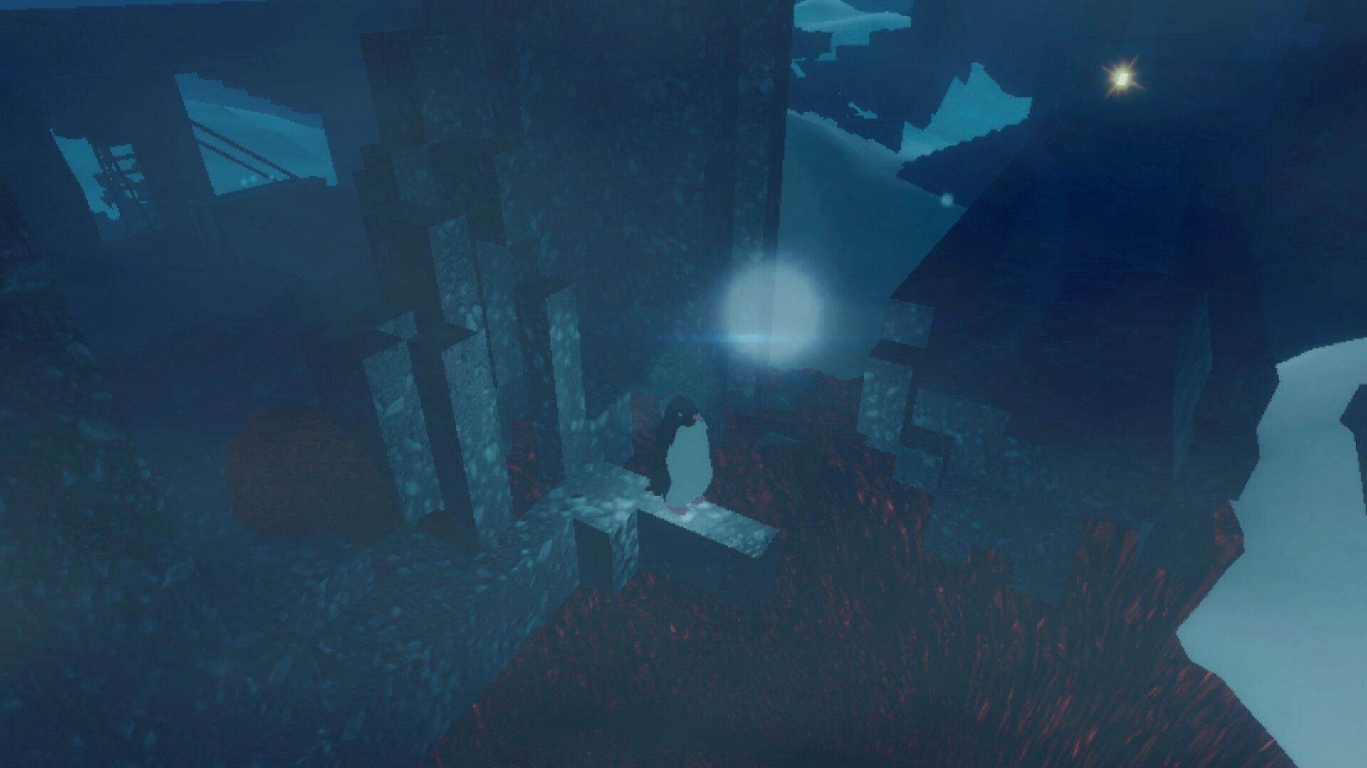 Penguin Colony: Penguin stands on a stone ledge in foggy ruins above red grass and snowfields.