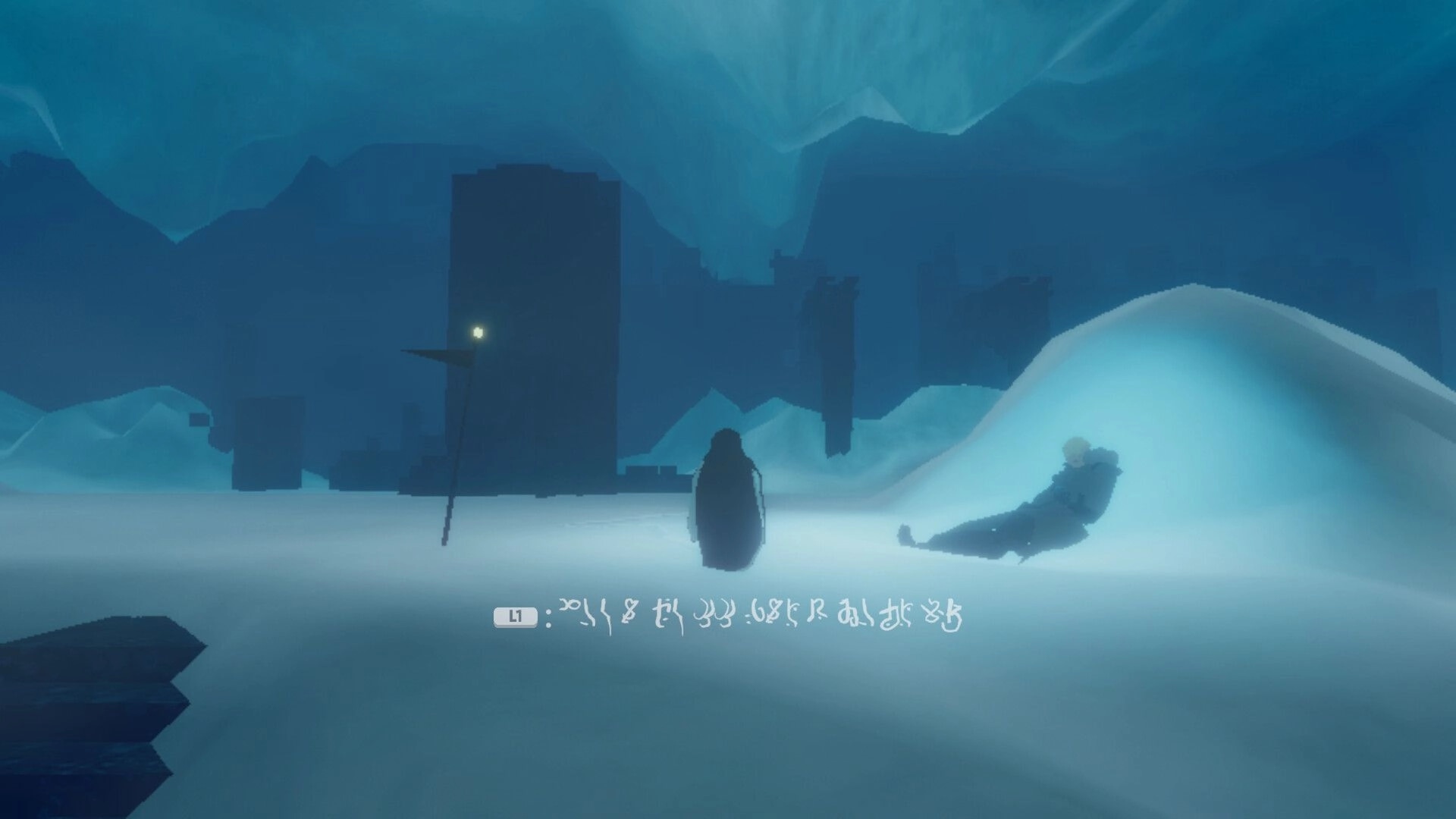 Penguin Colony: Penguin stands by a slumped explorer in snowy ruins, L1 prompt in icy blue night.